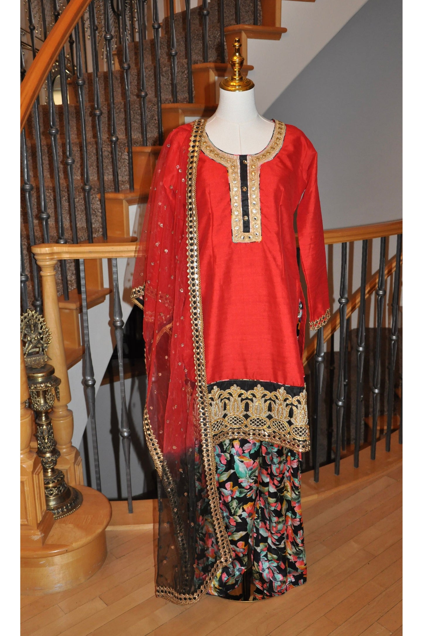 Trendy Red Kurta Set with Gold & Black Details
