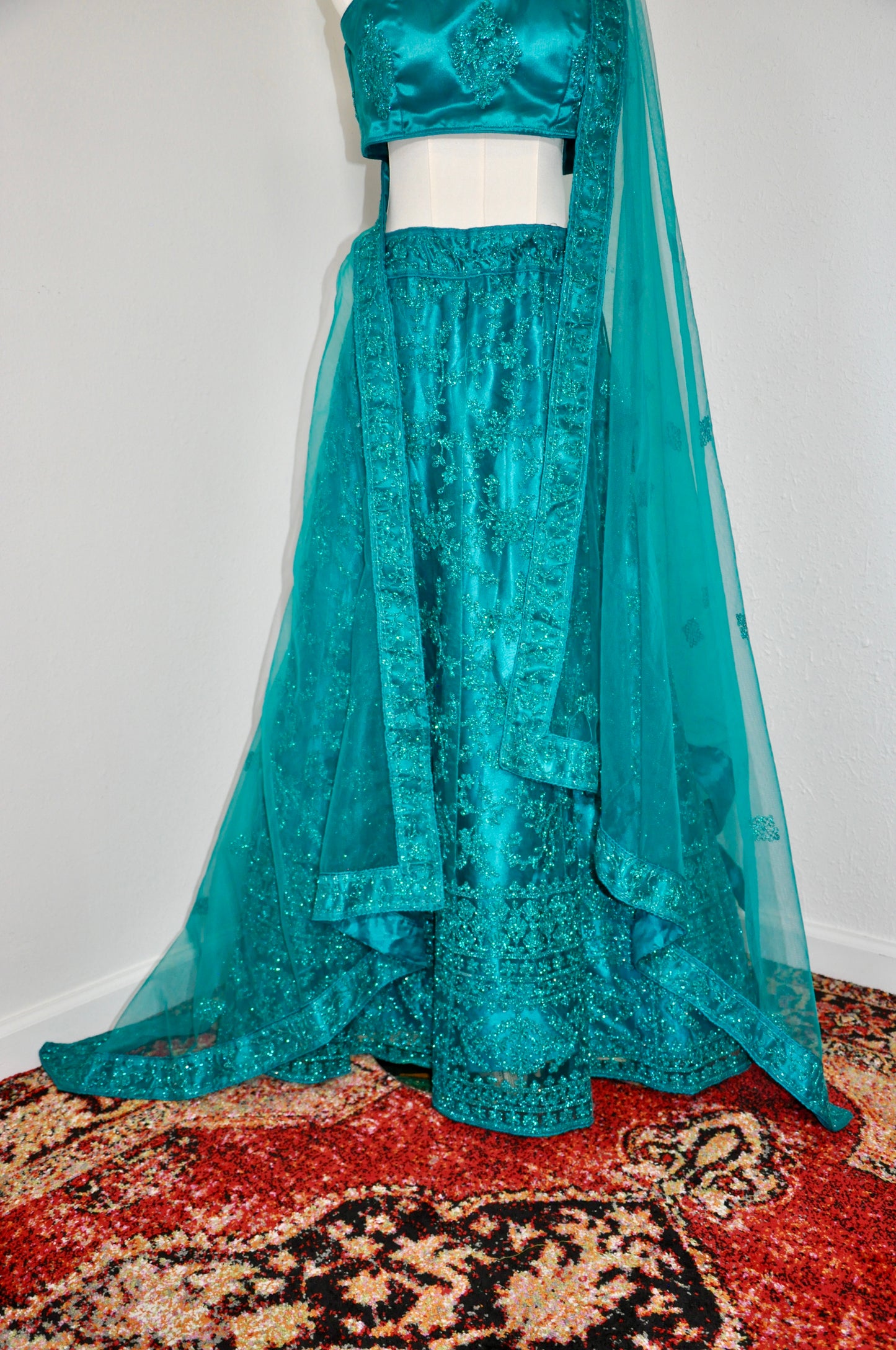 Teal Embroidered One-Shoulder Lehenga Set