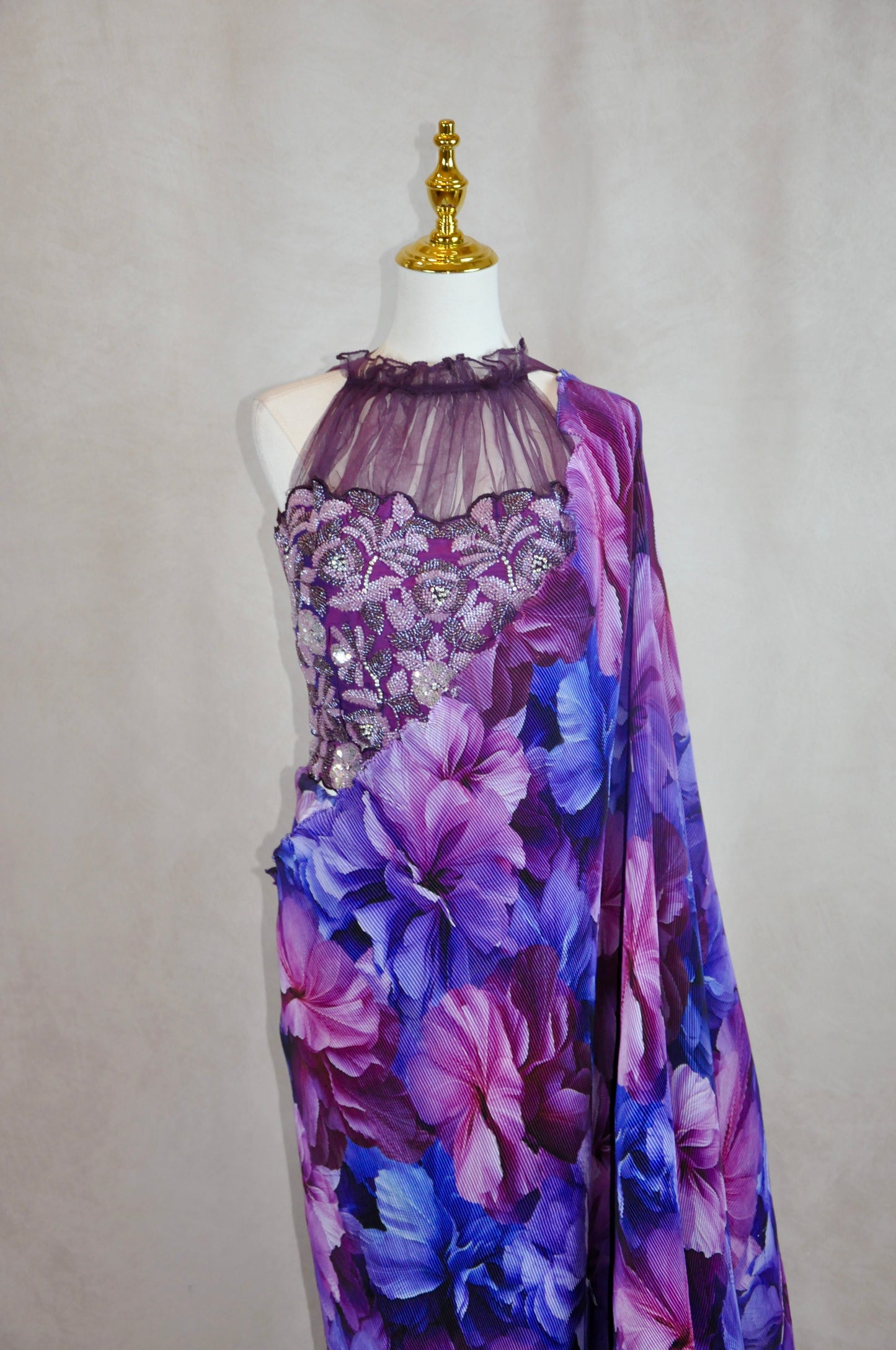 Pre-Draped Purple Floral Saree