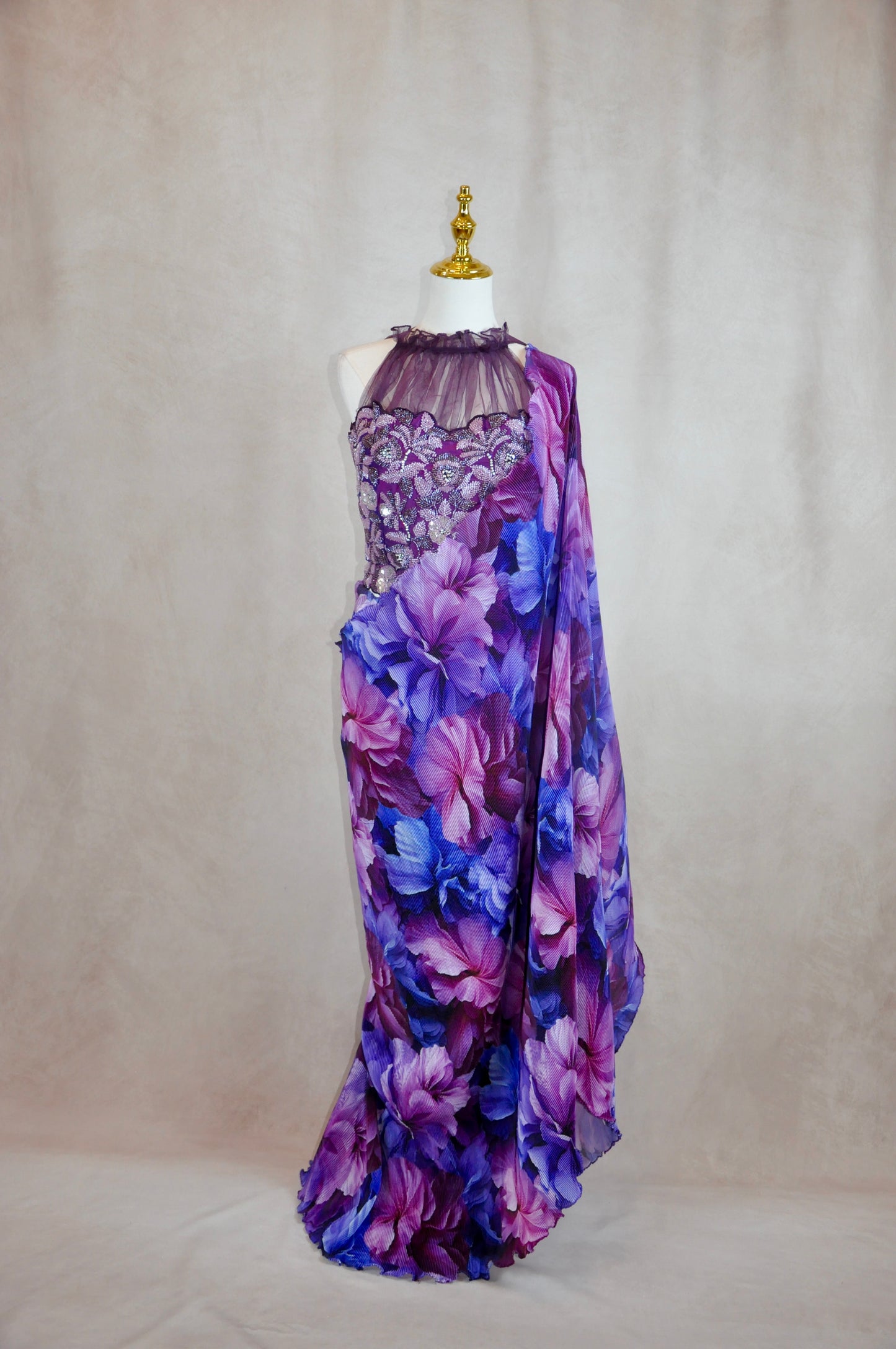 Pre-Draped Purple Floral Saree