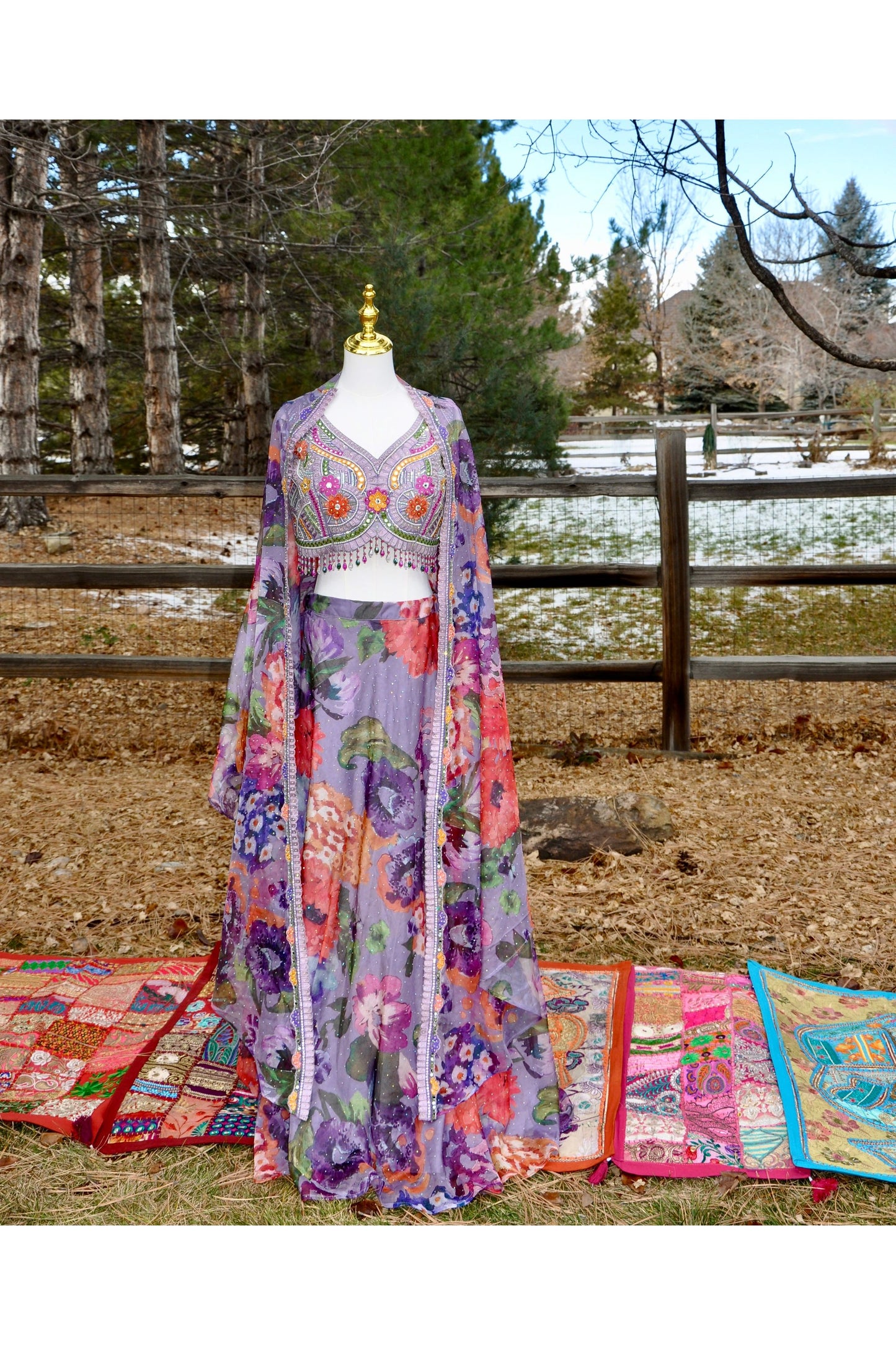 Purple Floral Jacket Lehenga 3 Piece Set Outfit with Rhinestones