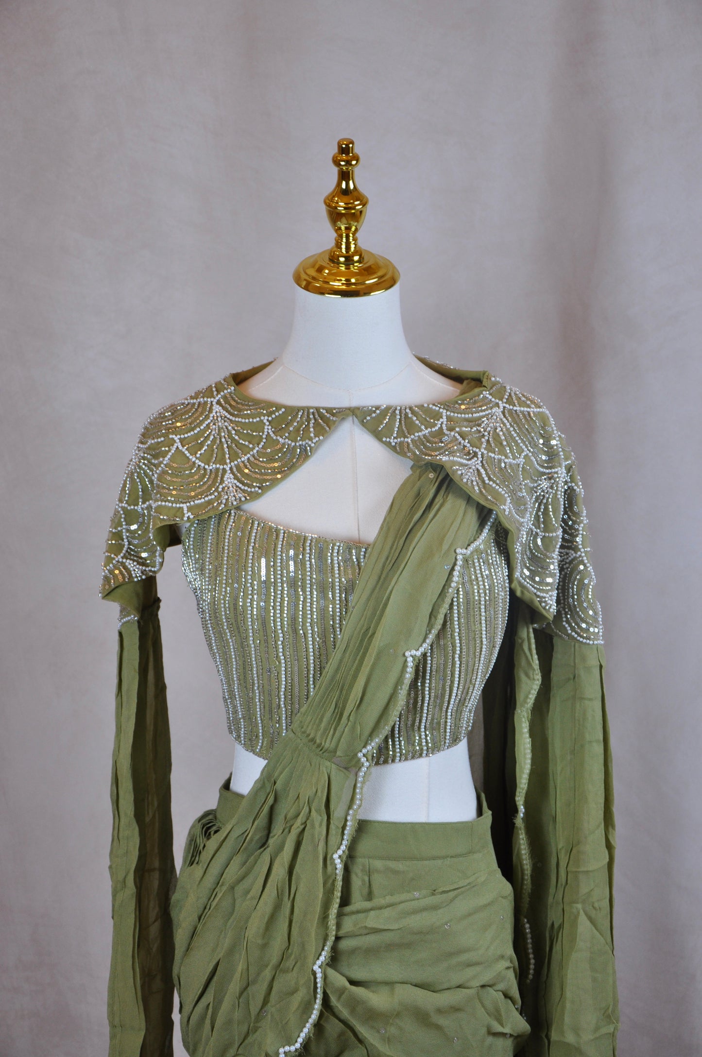 Green Embroidered Pre-Draped Saree