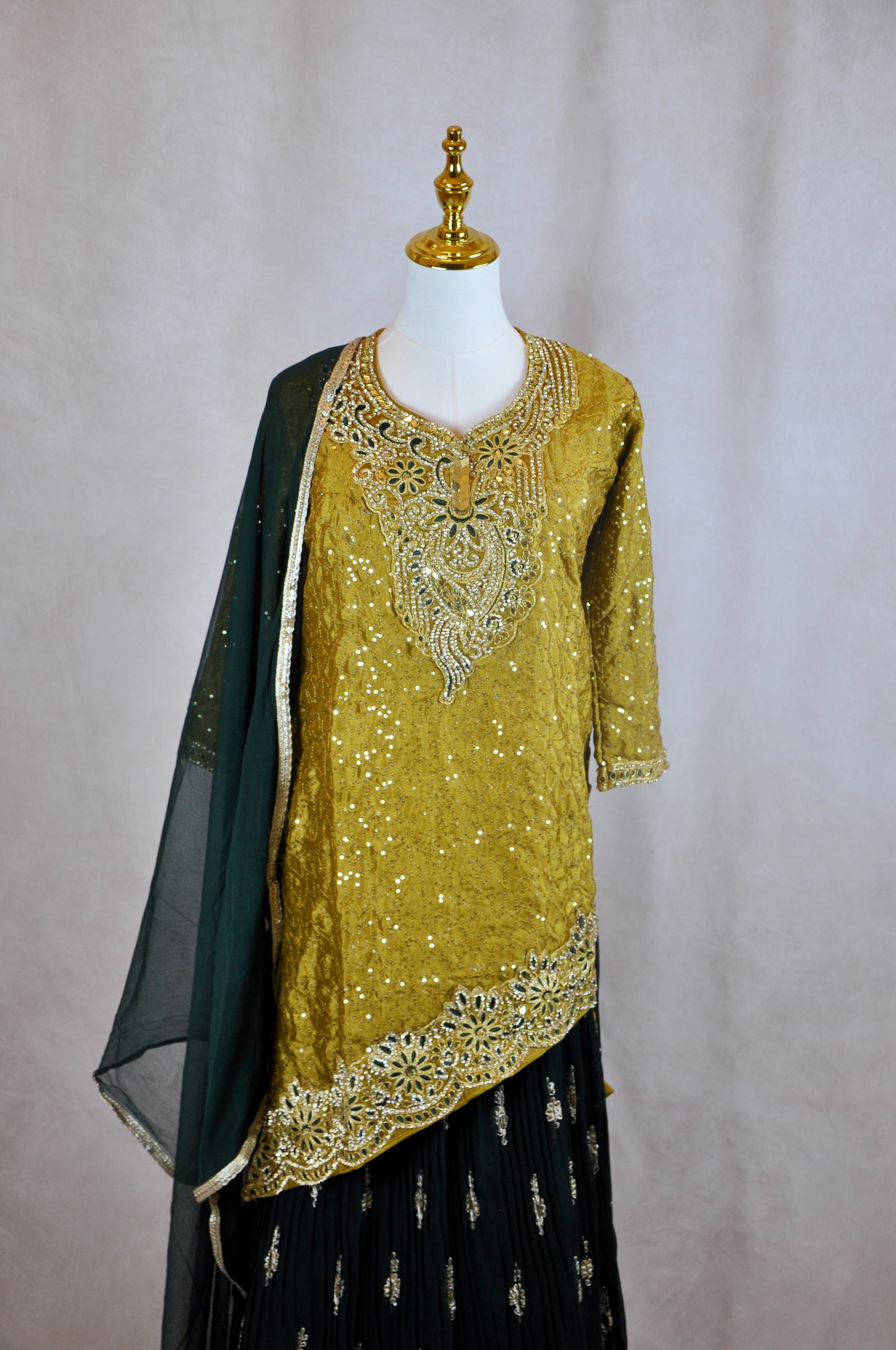 Mustard Yellow Asymmetrical Kurta with Flow Skirt Lehenga & Thin Shawl