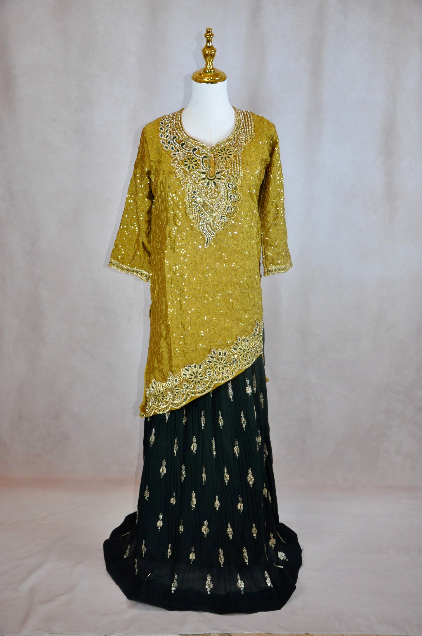 Mustard Yellow Asymmetrical Kurta with Flow Skirt Lehenga & Thin Shawl