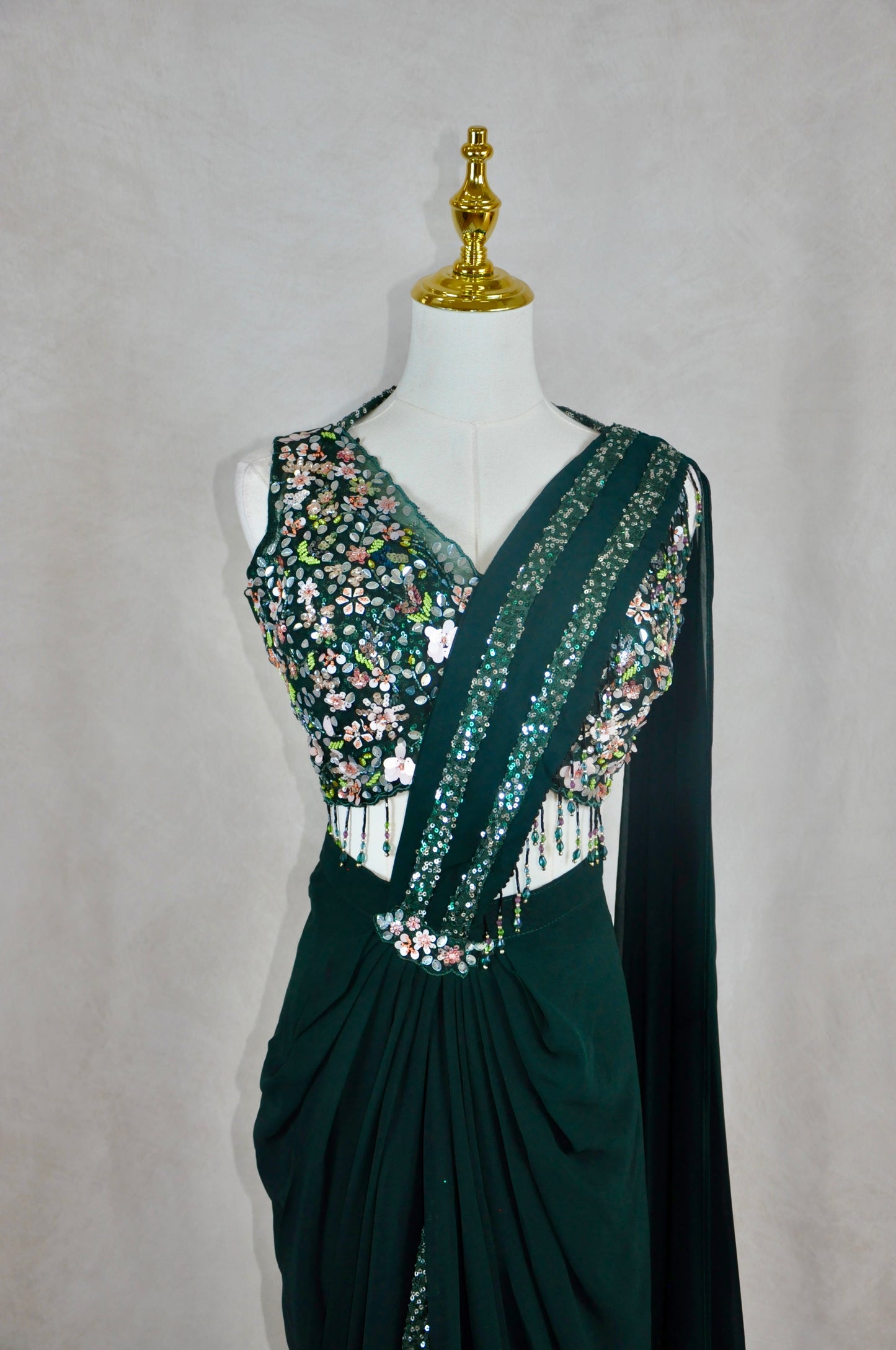 Green Embroderied Pre-Draped Saree