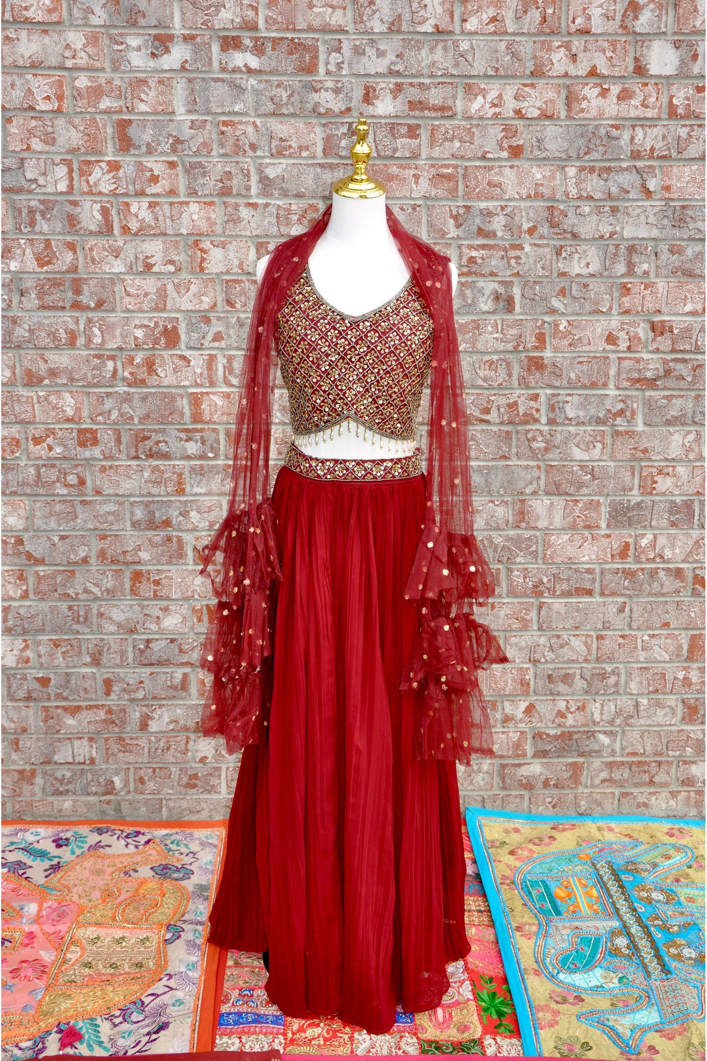Burgundy Sleeveless Lehenga Set 3-Piece Designer Outfit with Ruffled Dupatta