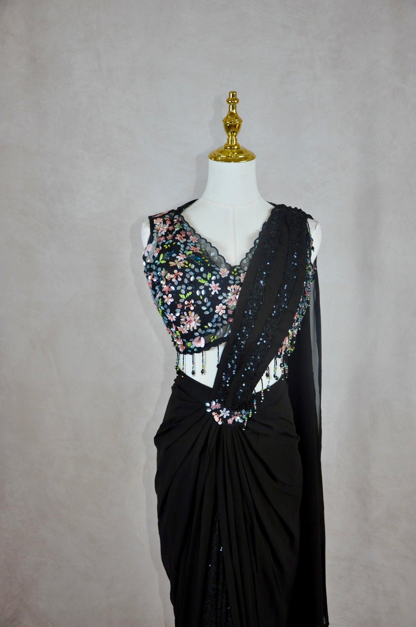 Black Embroderied Pre-Draped Saree