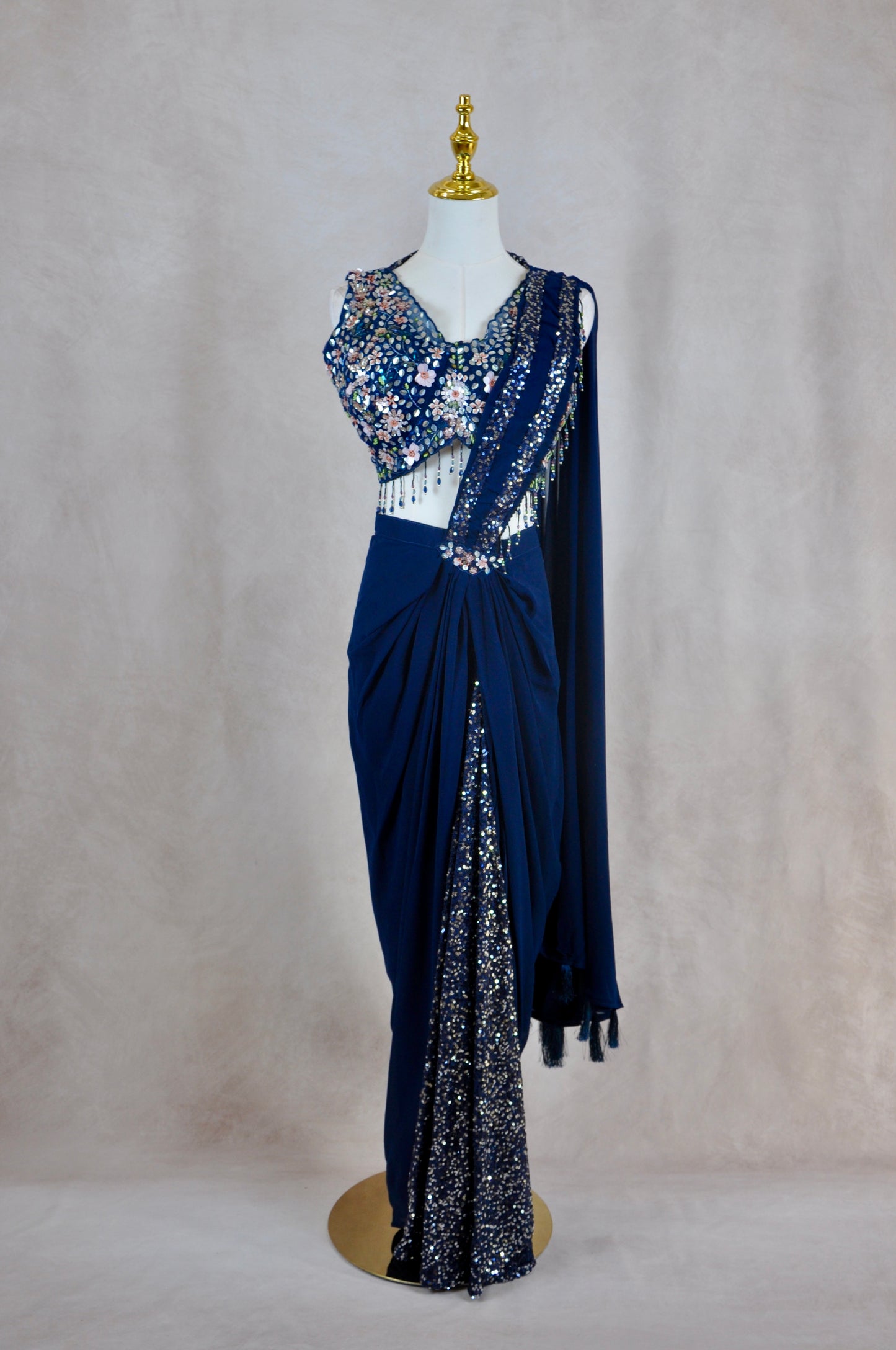 Blue Embroidered Pre-Draped Saree