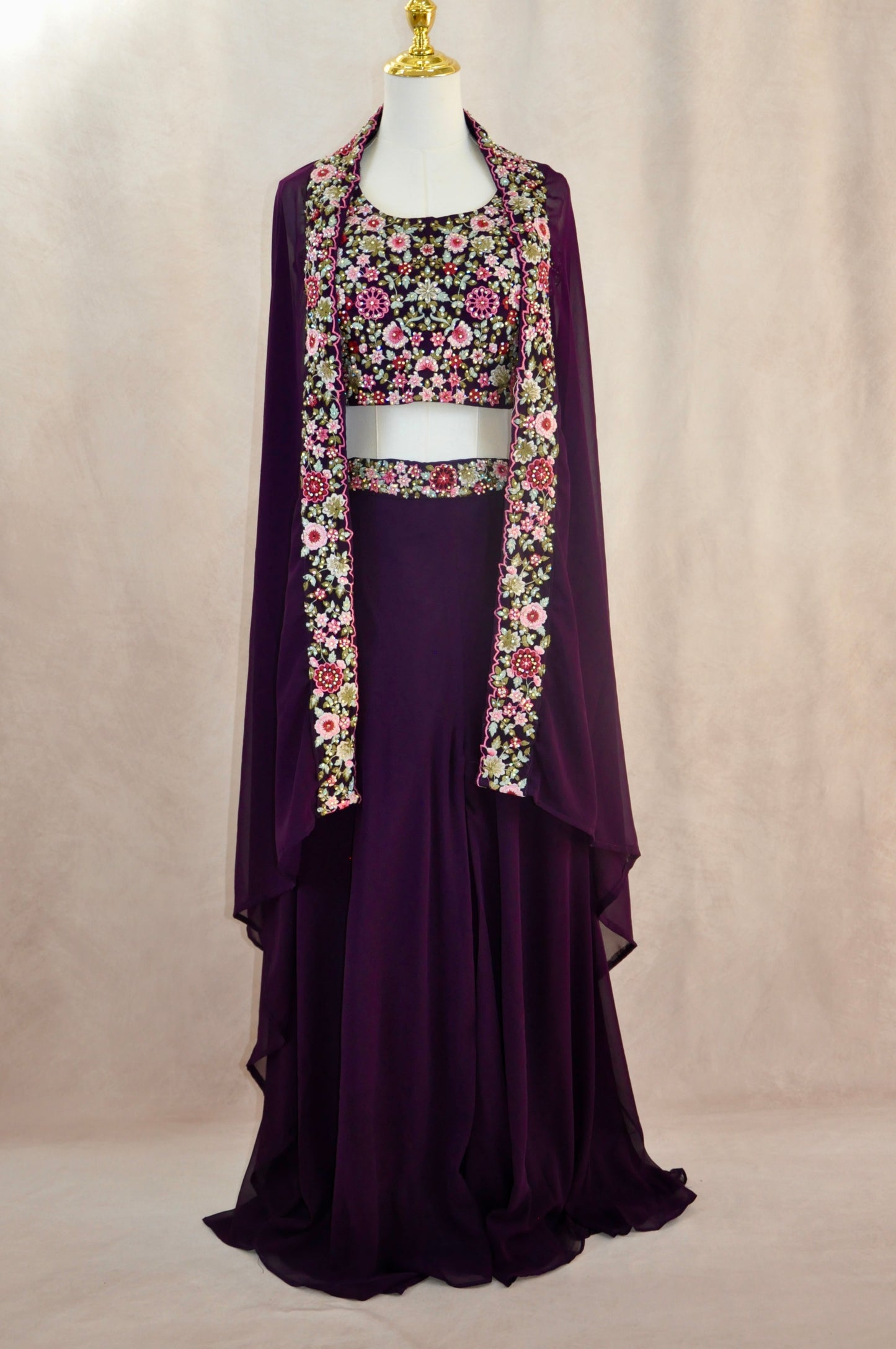 Purple Embroidered Croptop With Pant And Jacket