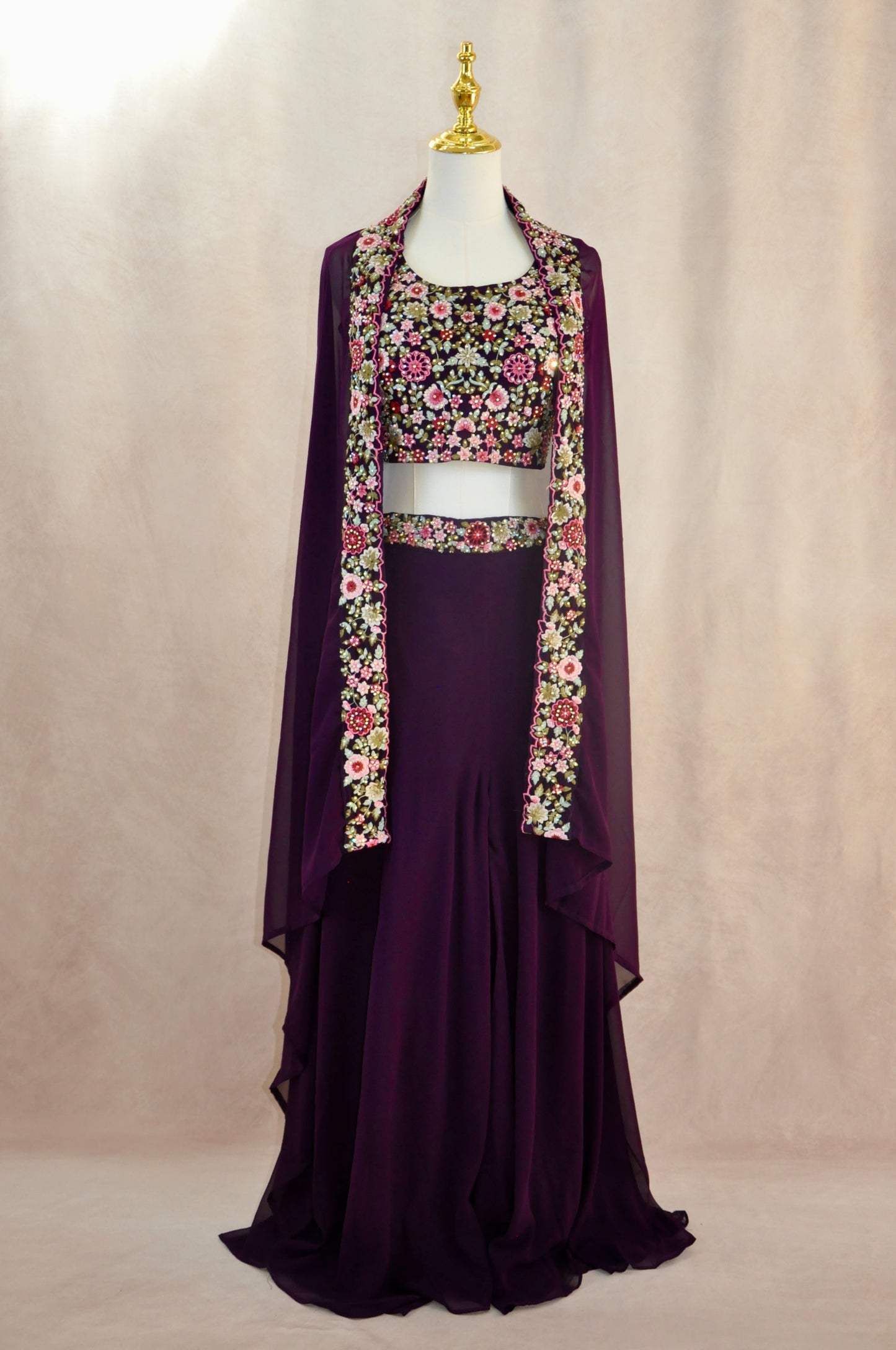 Purple Embroidered Croptop With Pant And Jacket