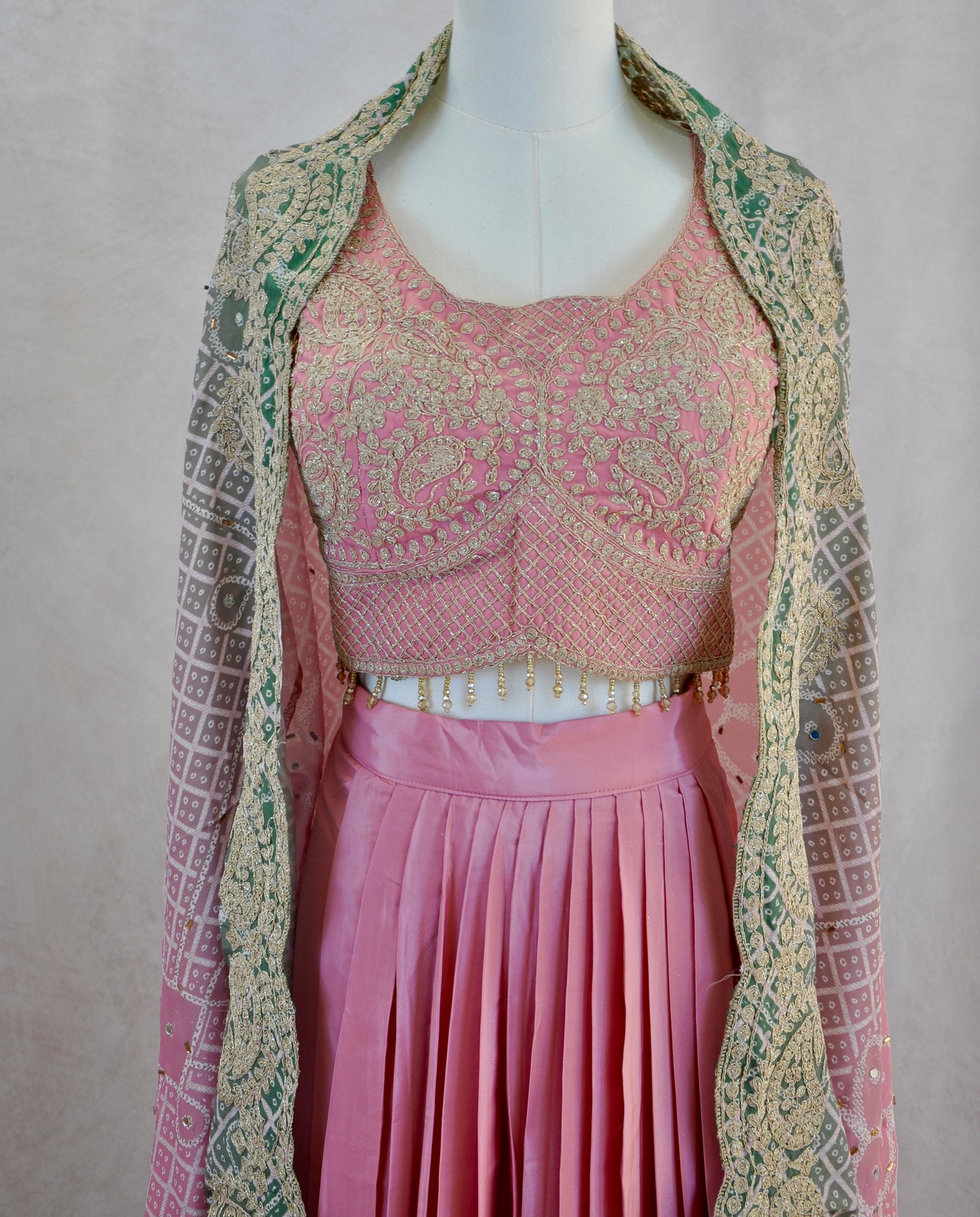 Pink and Gold Embroidered Croptop With Pleated Skirt And Jacket