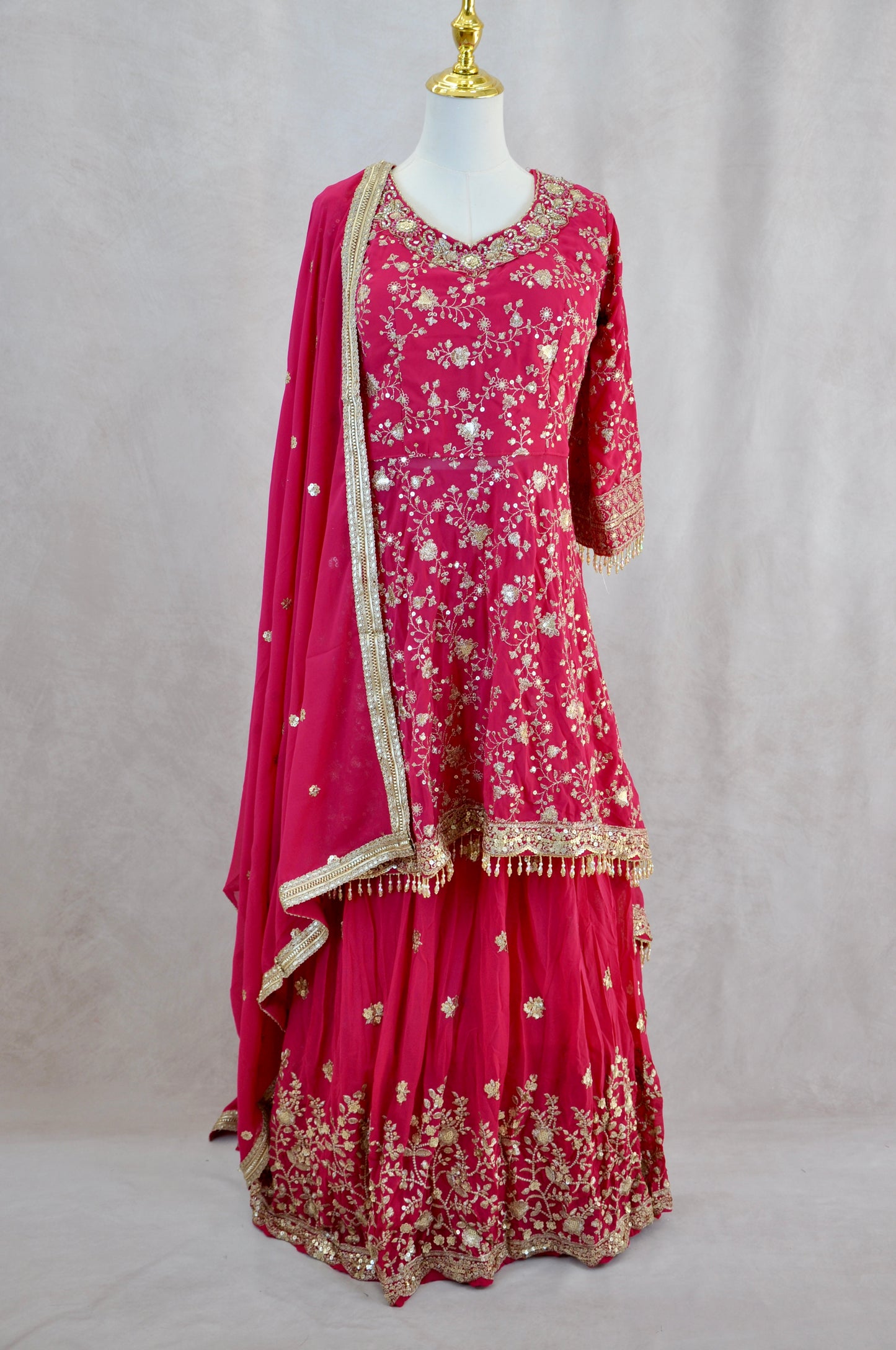 Pink And Gold Embroidered Top With Pleated Skirt And Shawl