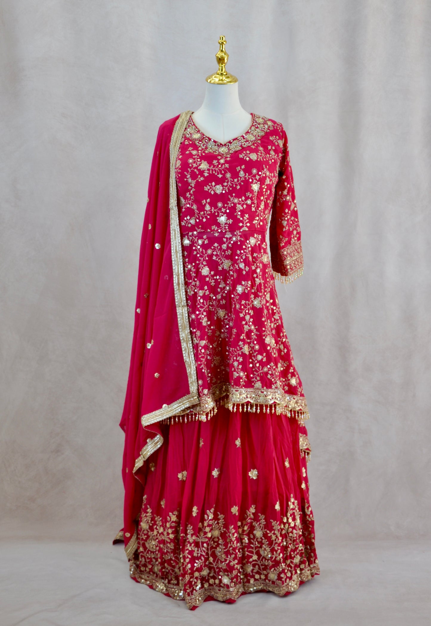 Pink And Gold Embroidered Top With Pleated Skirt And Shawl