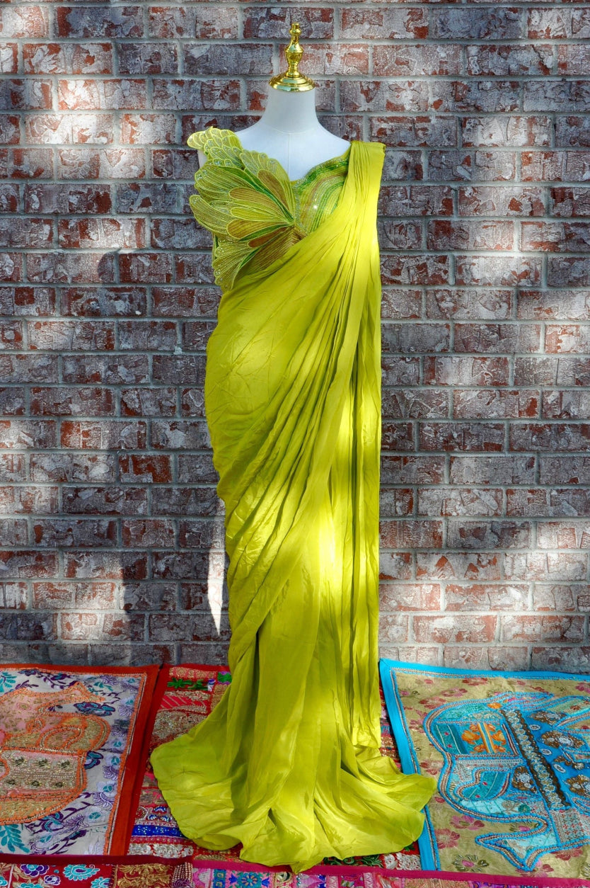 Lime Green Pre-Draped Saree Set Embroidered Butterfly Crop Top with Beadwork Designer