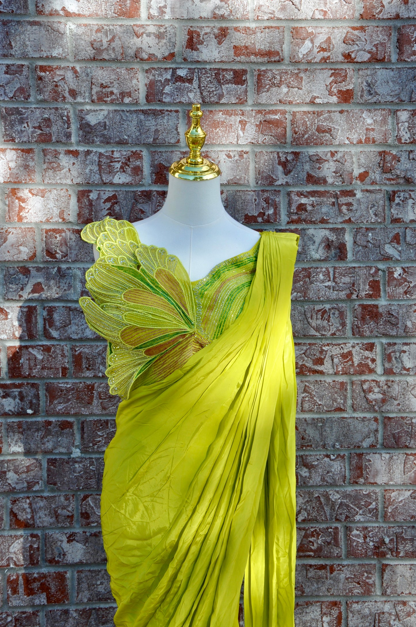 Lime Green Pre-Draped Saree Set Embroidered Butterfly Crop Top with Beadwork Designer