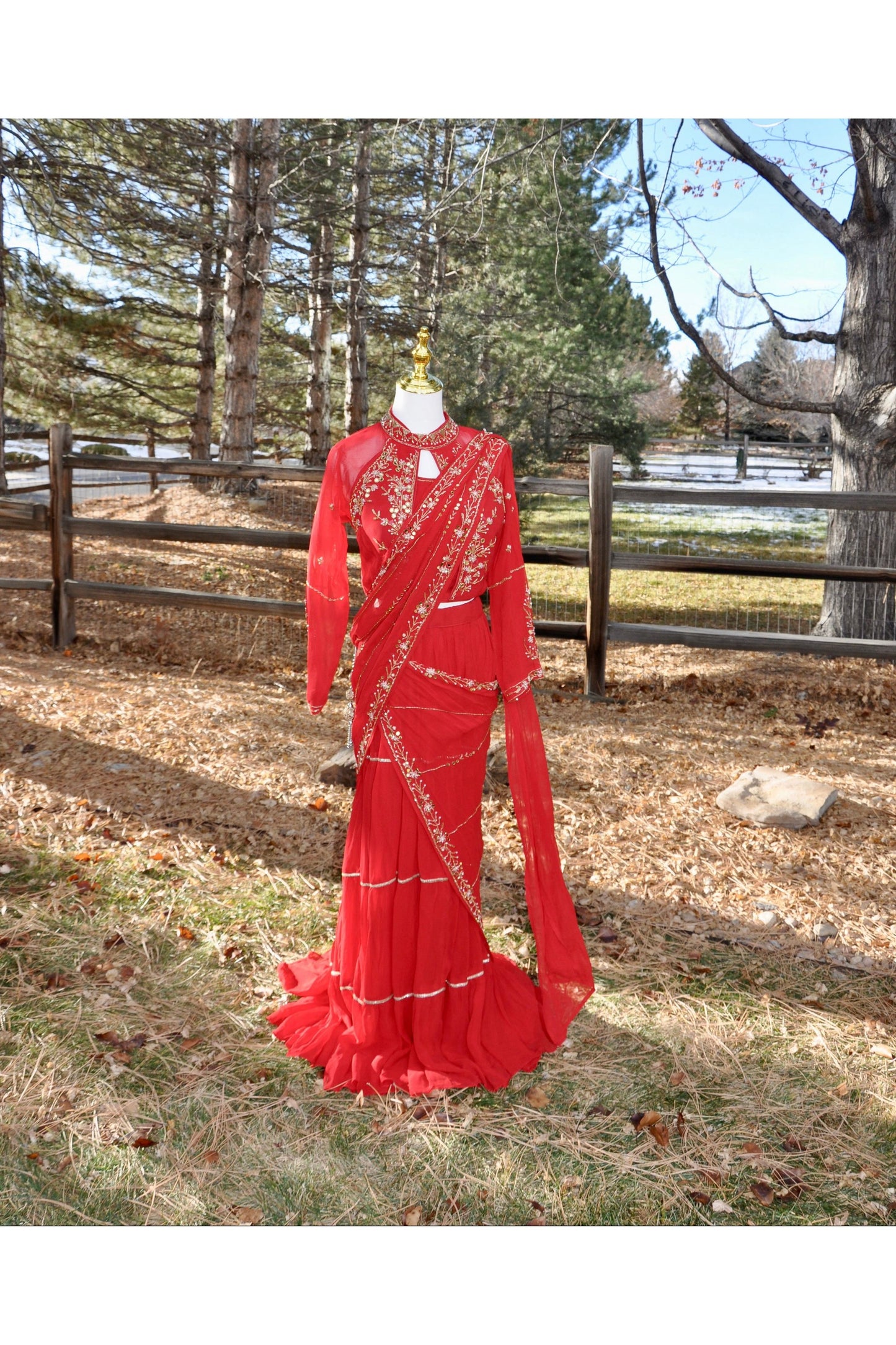 Red Pre Draped Saree with Full Sleeve Embroidered Blouse