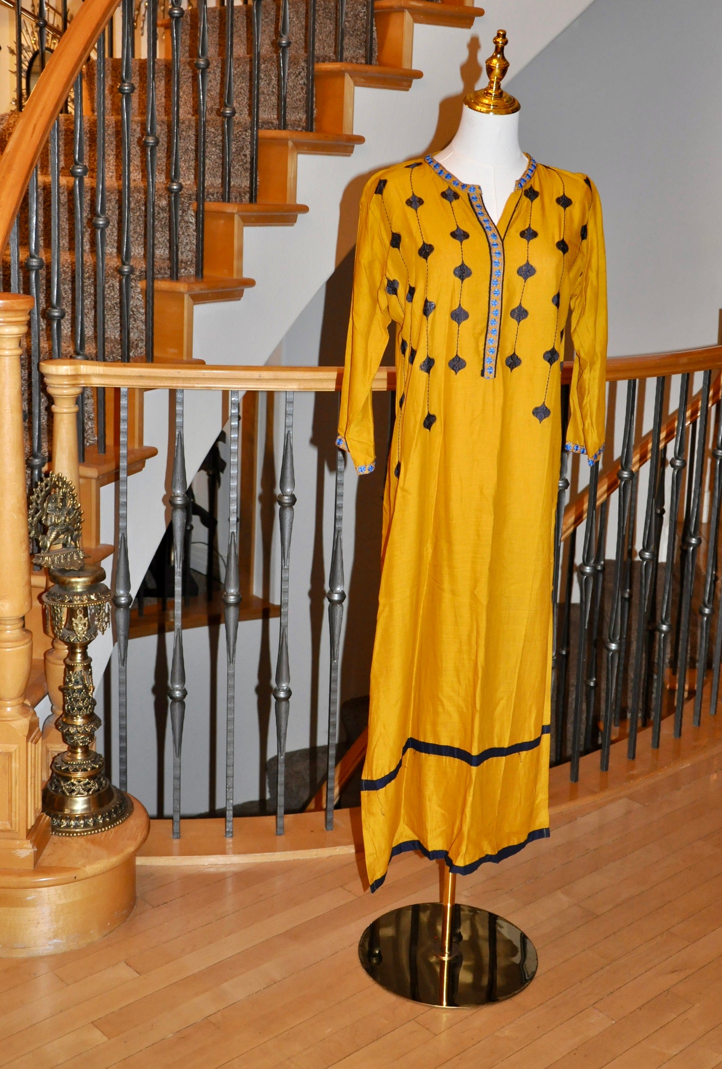 Radiant Mustard Yellow Kurti with Intricate Blue Embroidery
