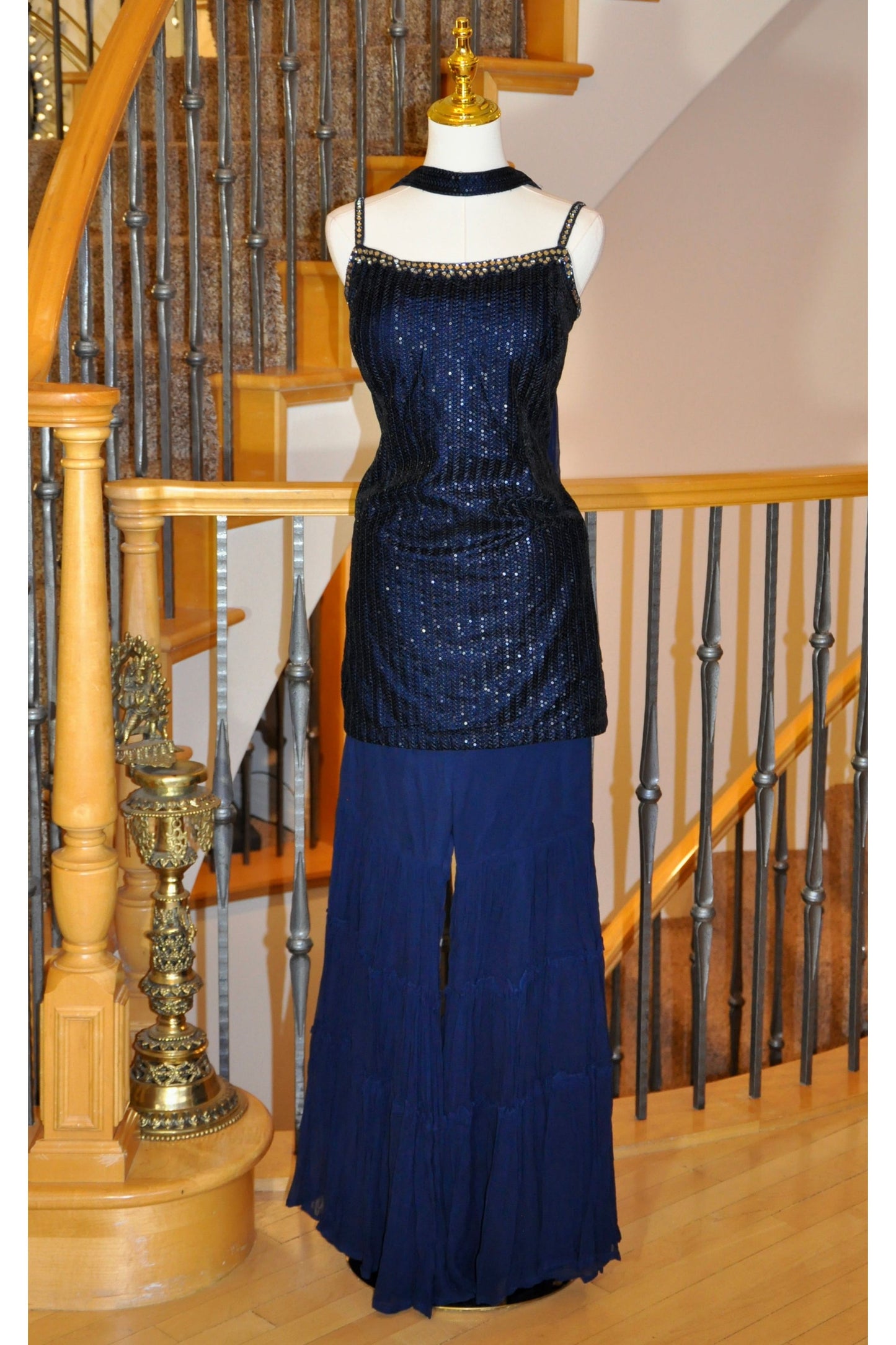Blue Sharara Set with Choker Dupatta & Sequin Embroidery