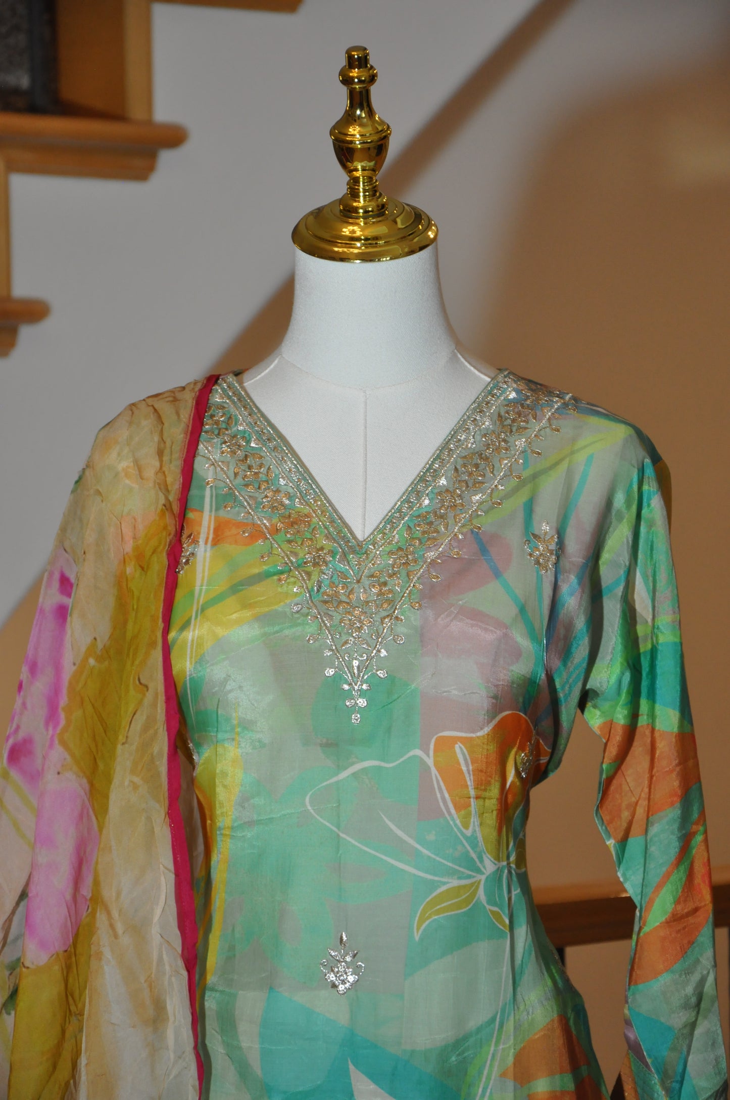 Watercolor Floral Three-Piece Kurta Set with Embroidered Neckline