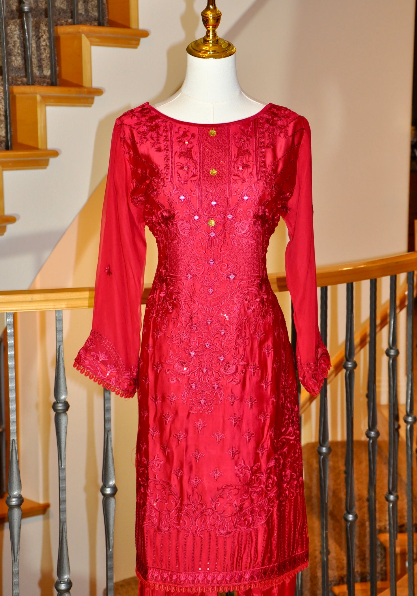 Red Kurta Set with Embroidery & Mirror Work