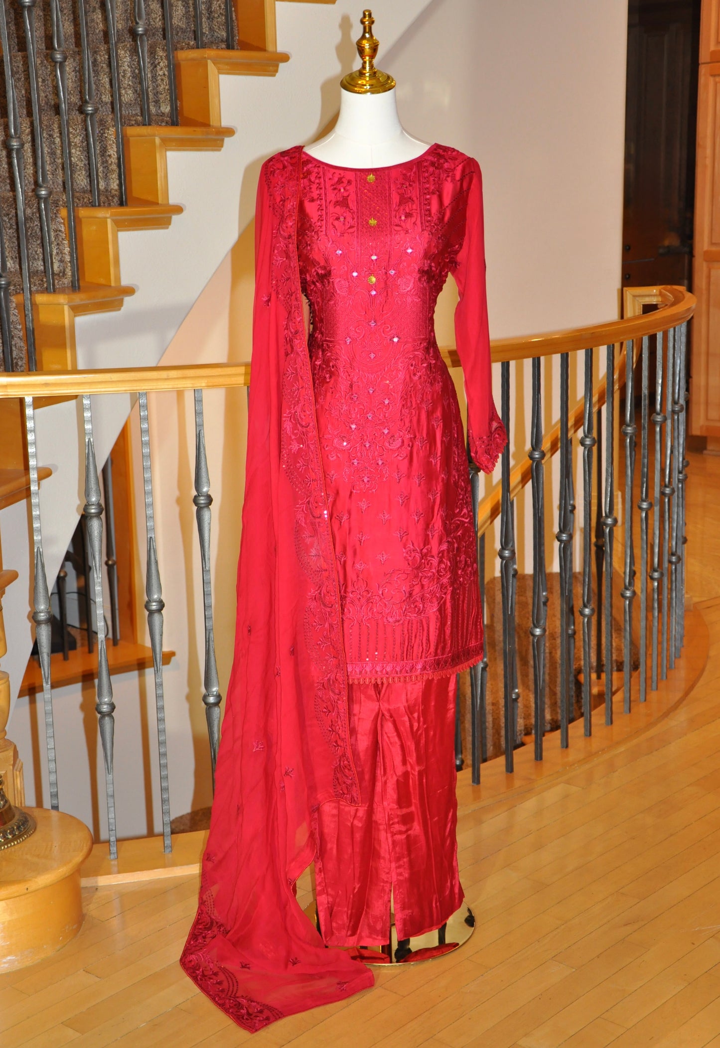 Red Kurta Set with Embroidery & Mirror Work