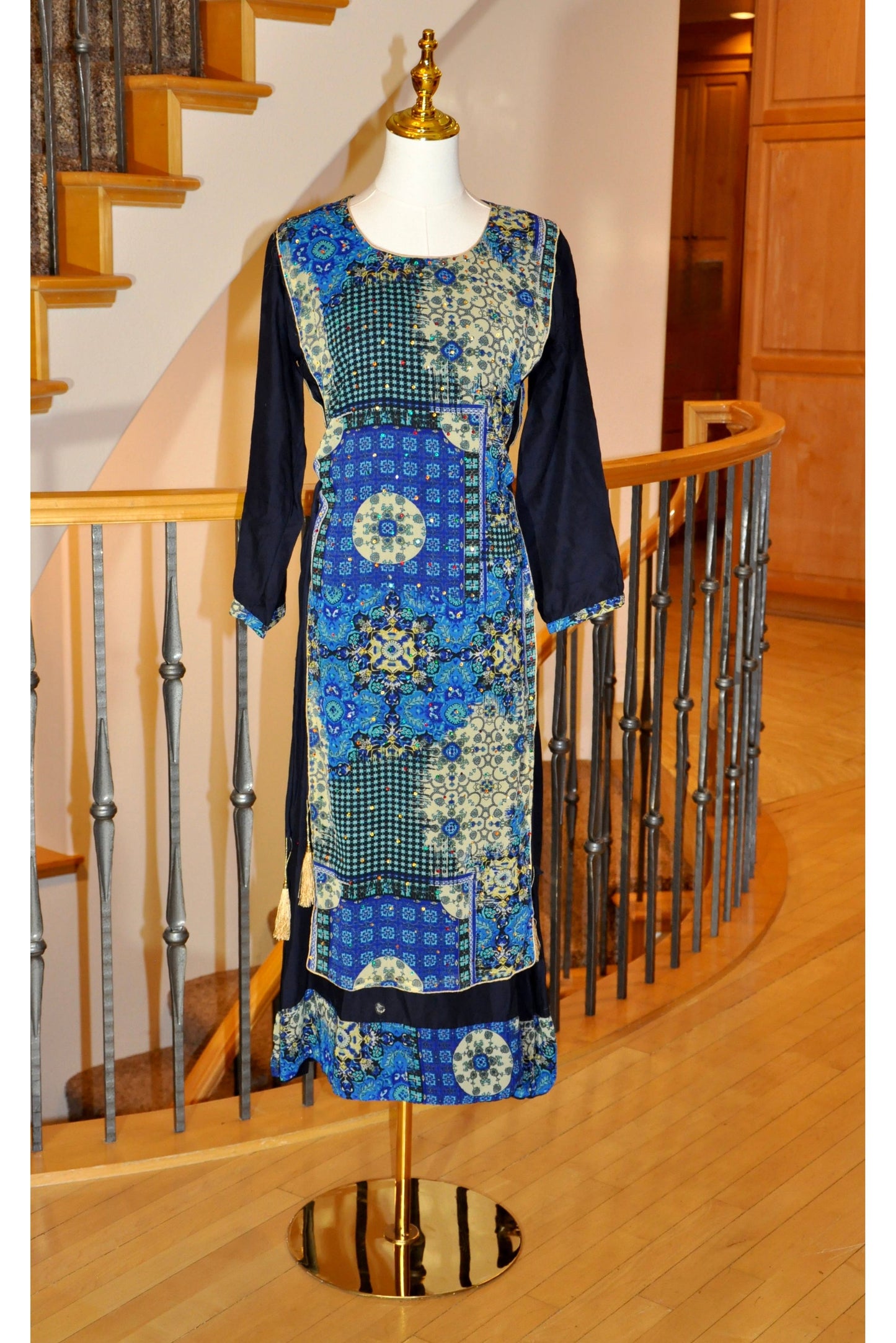 Blue Kurti with Layered Illusion, Criss-Cross Tie & Rhinestone Detailing