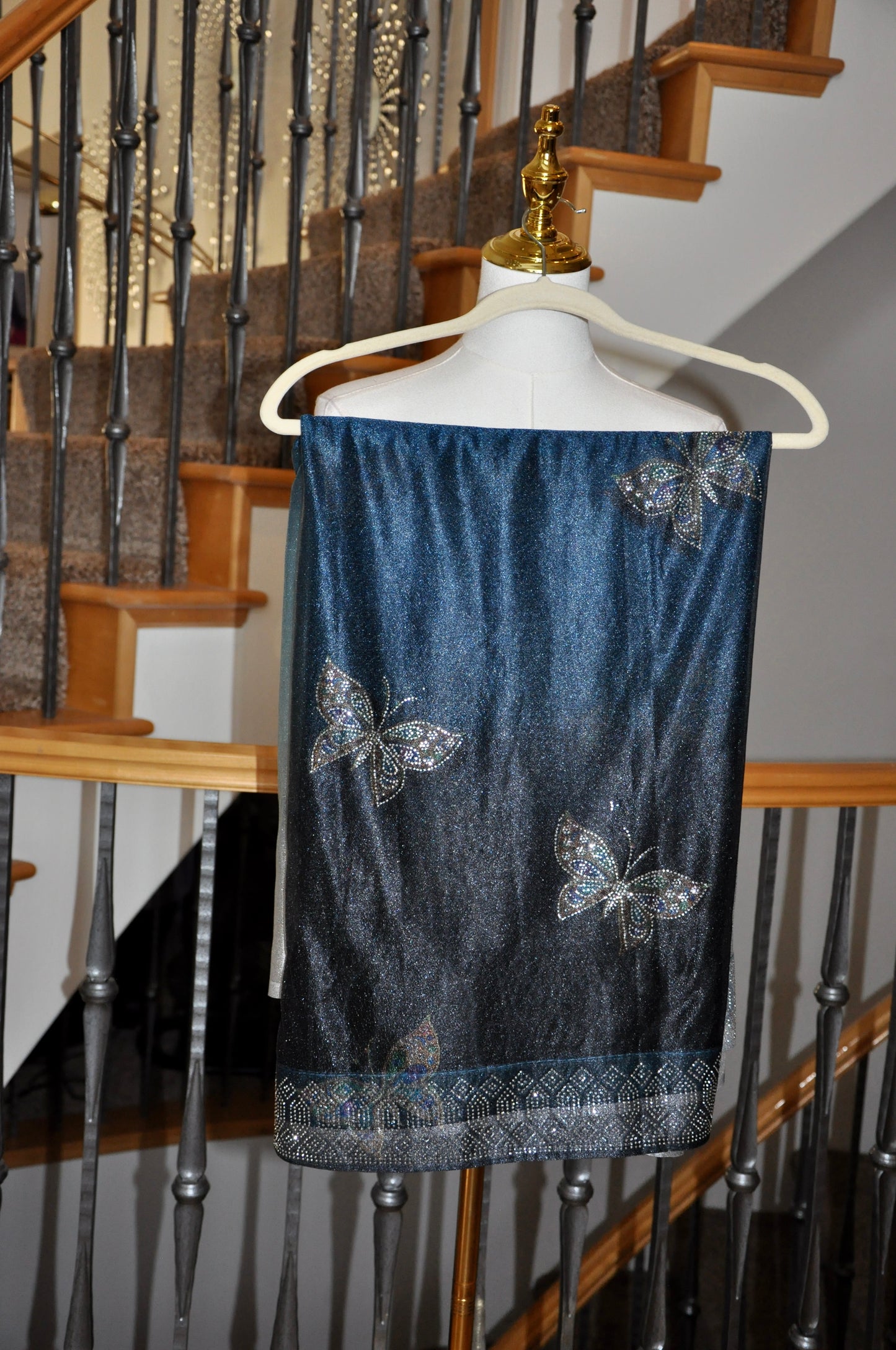 Two Tone Blue & Grey Butterfly Saree with Rhinestone Details