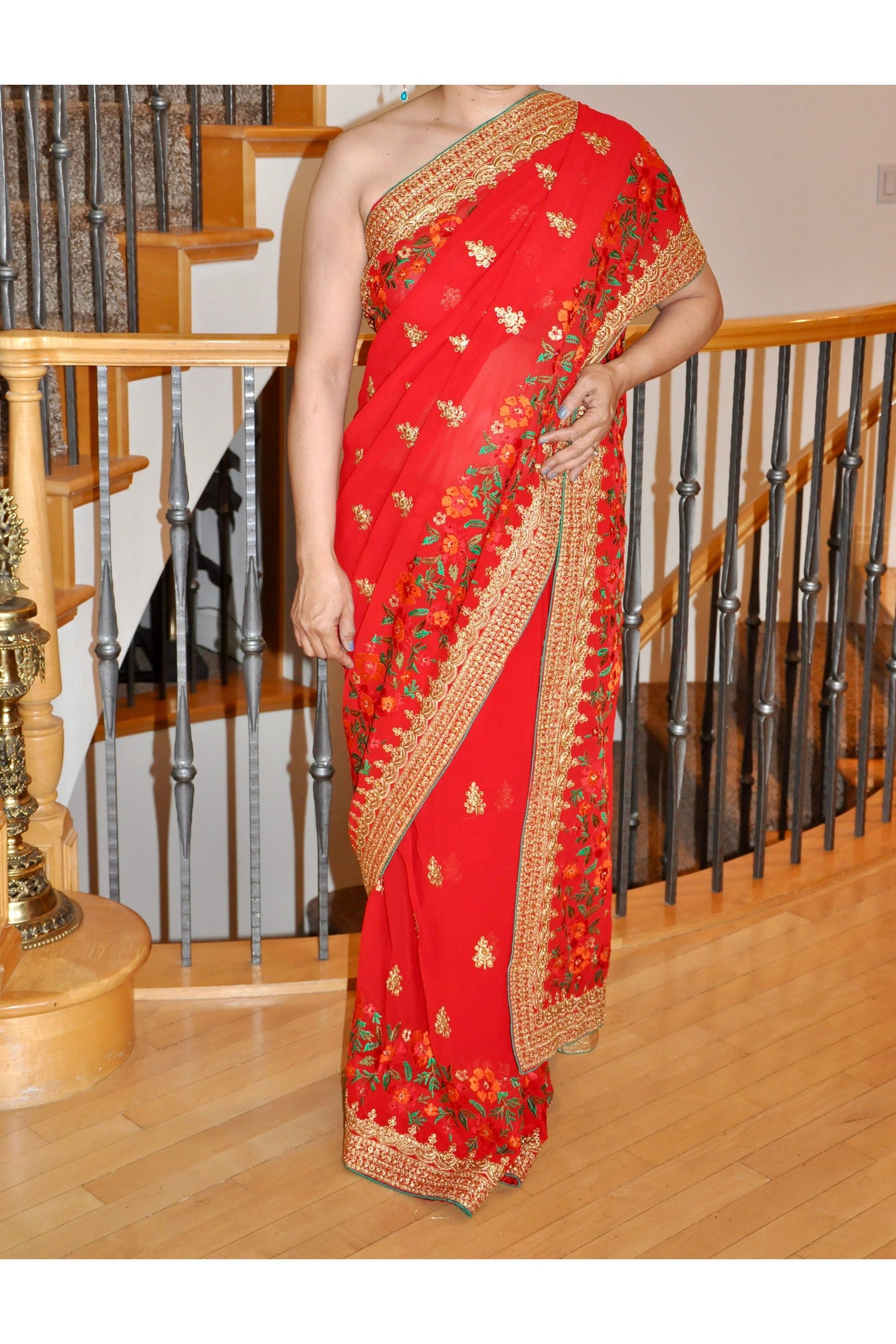 Red Saree with Gold Border and Floral Embroidery