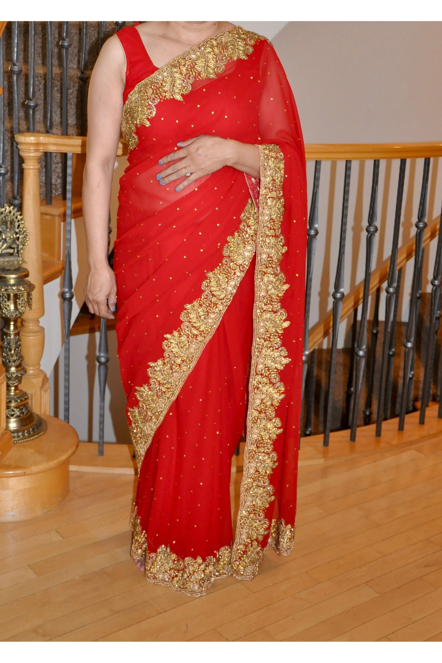 Red Saree with Heavy Gold Border Rhinestone Embroidery Matching Blouse