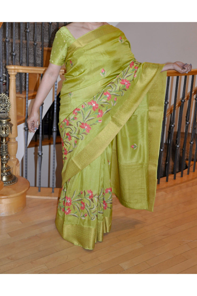 Lime Green Saree Matching Blouse with Pink Floral Design