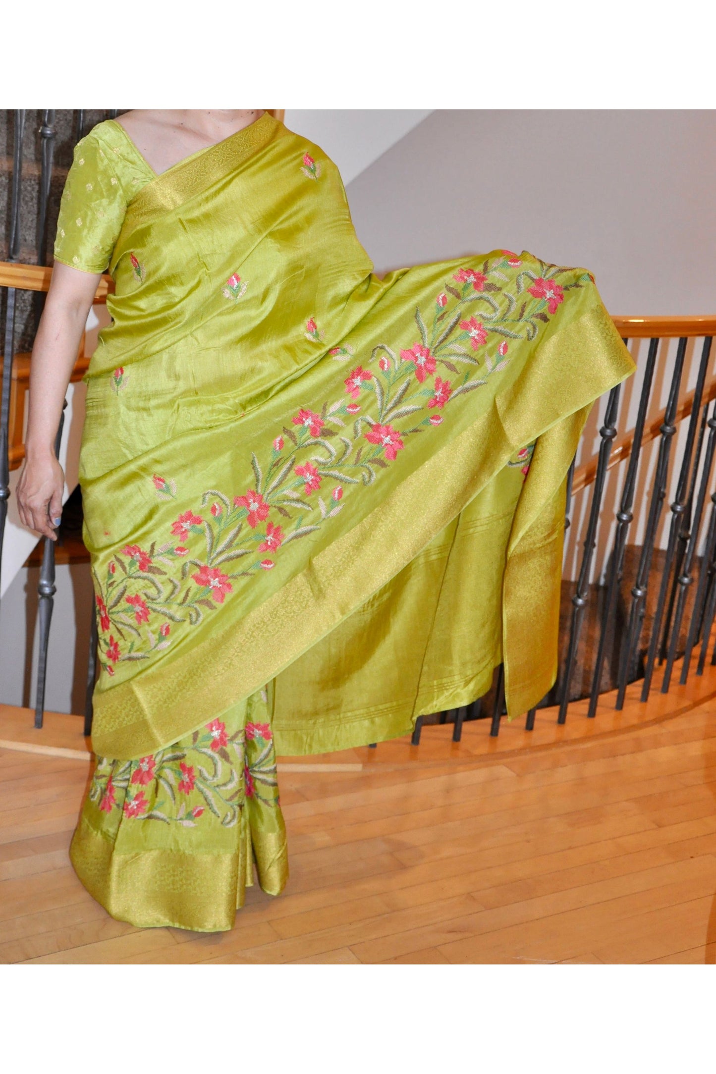 Lime Green Saree Matching Blouse with Pink Floral Design