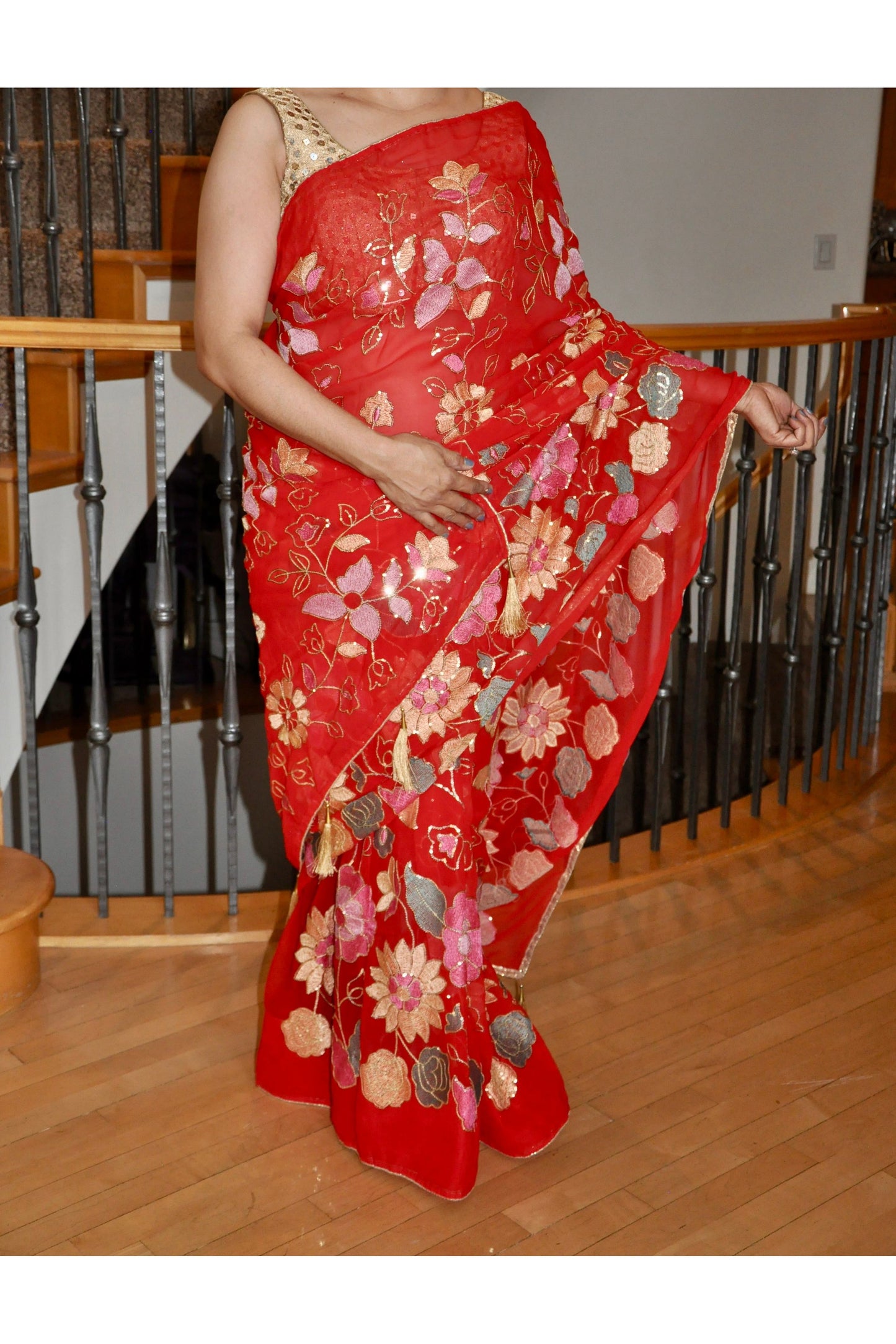 Red Saree with Sequin Floral Embroidery