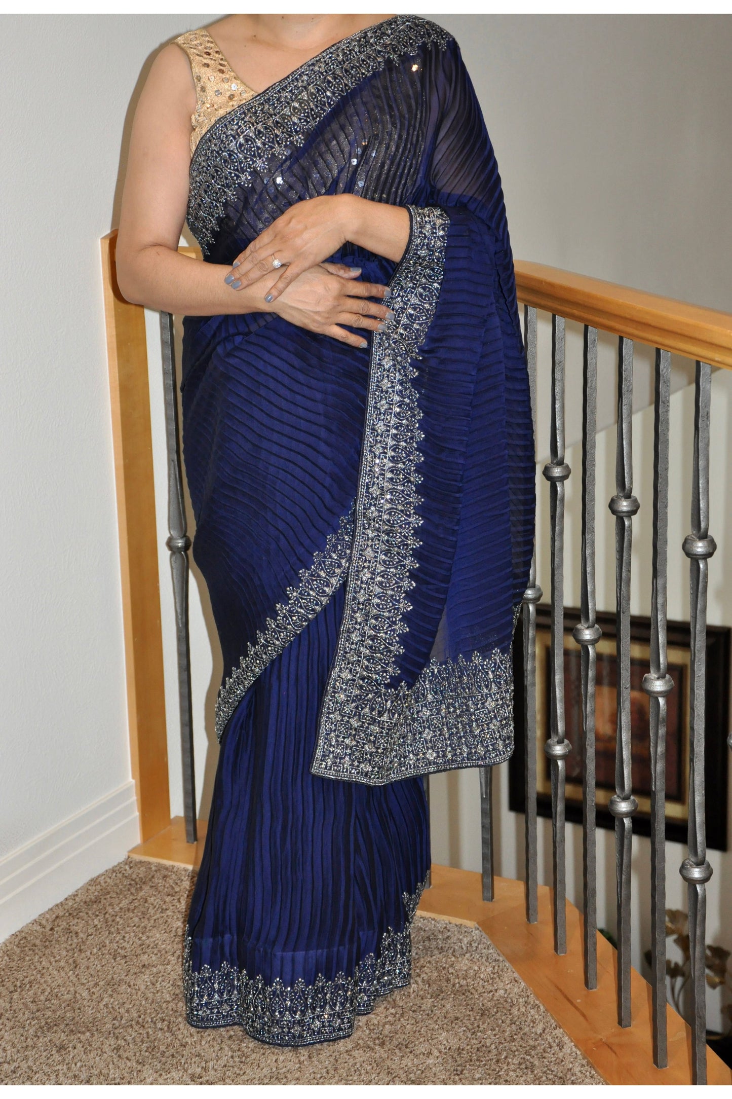 Blue Saree with Silver Rhinestone Border and Pleated Stripe Design