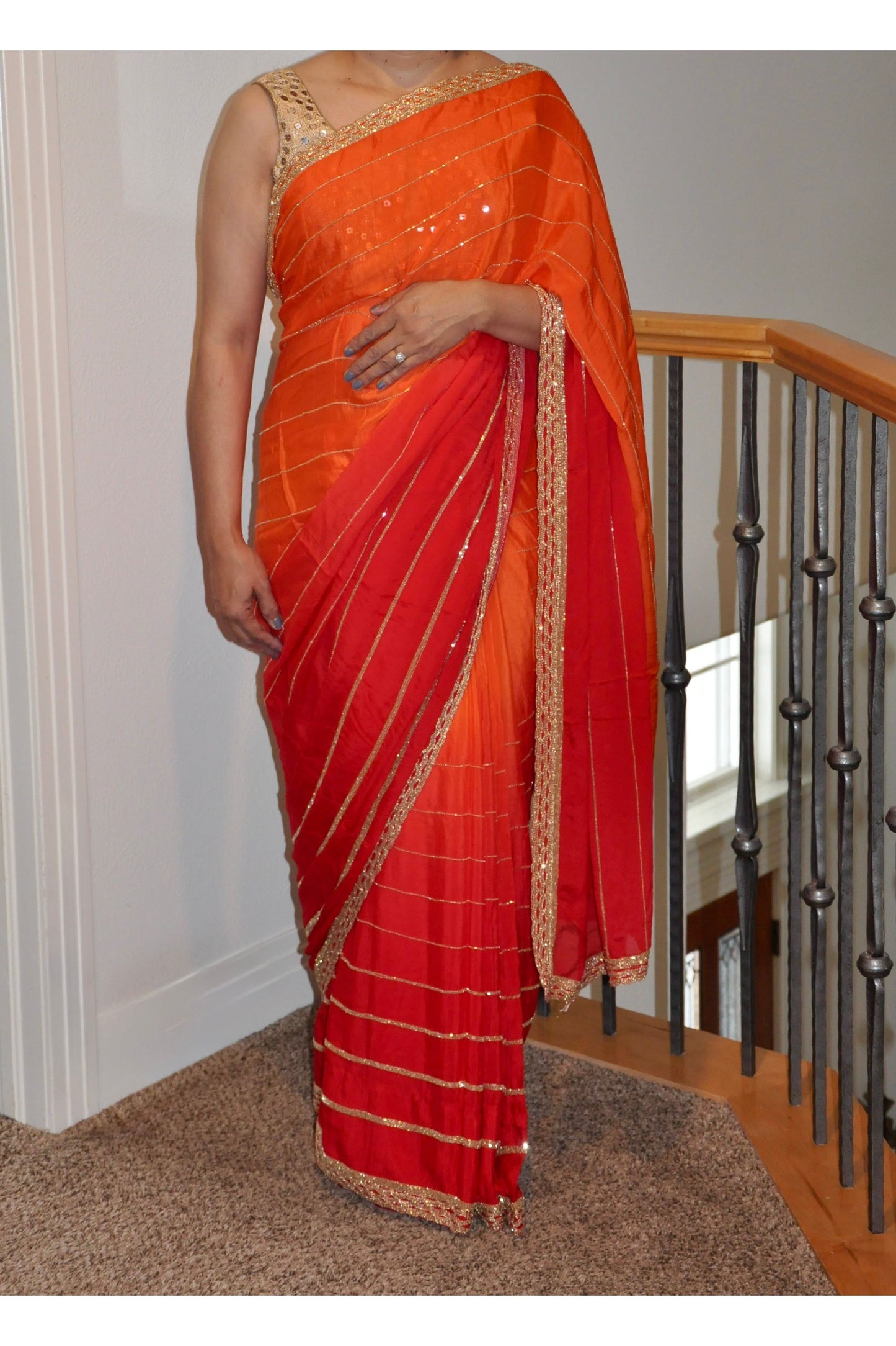 Two-Tone Red and Orange Saree with Gold Embroidery Border