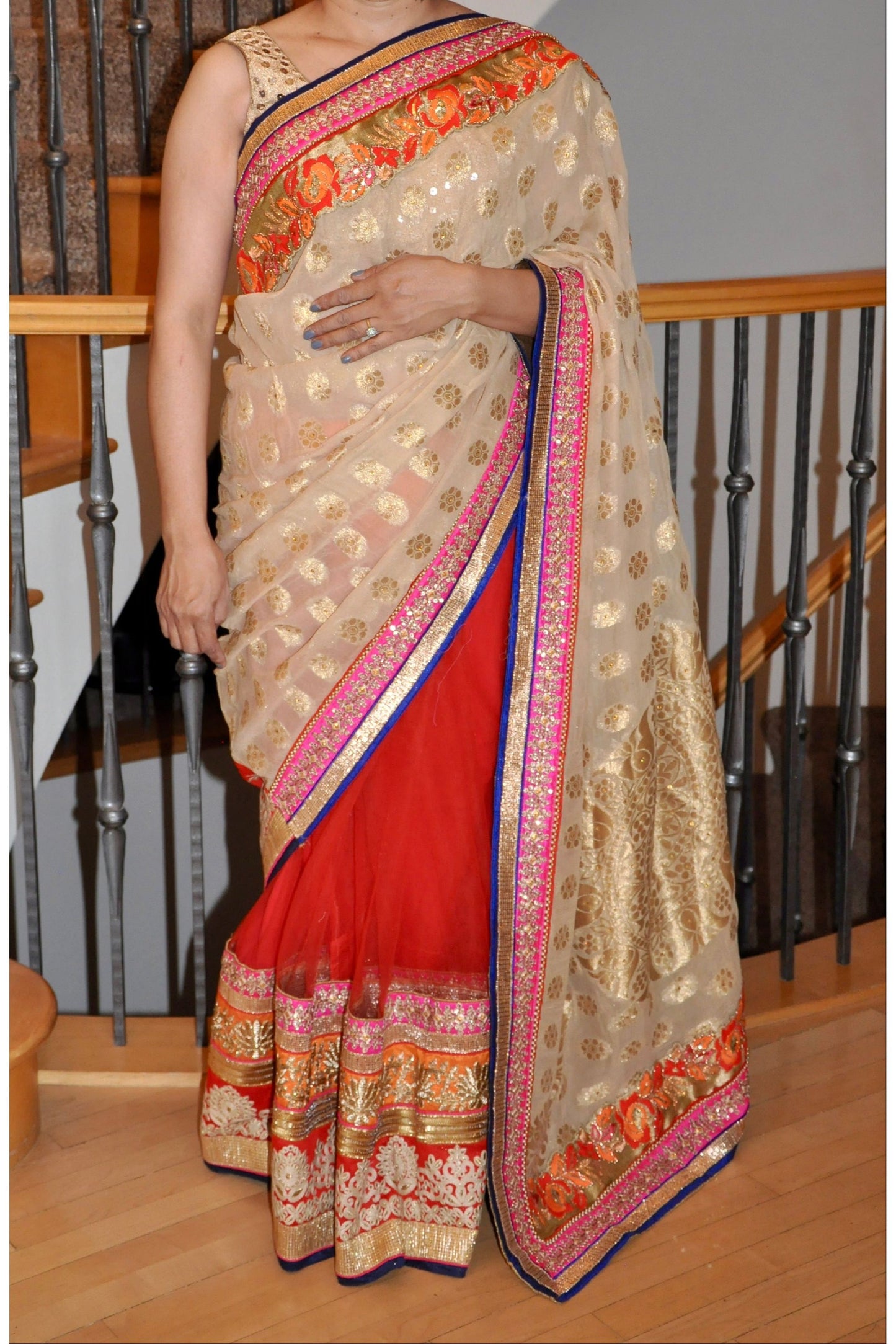 Cream Red Multicolor Printed Saree with Gold Pink Blue Orange Accents