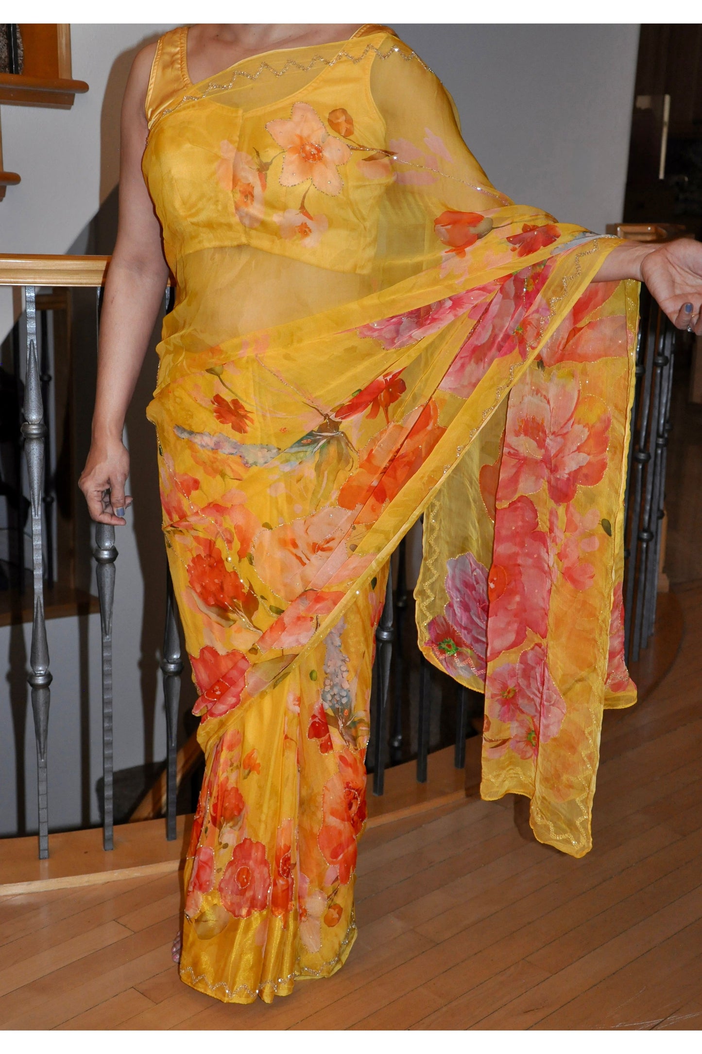 Yellow Floral Print Saree with Matching Sleeveless Blouse & Silver Bead Accents With Blouse