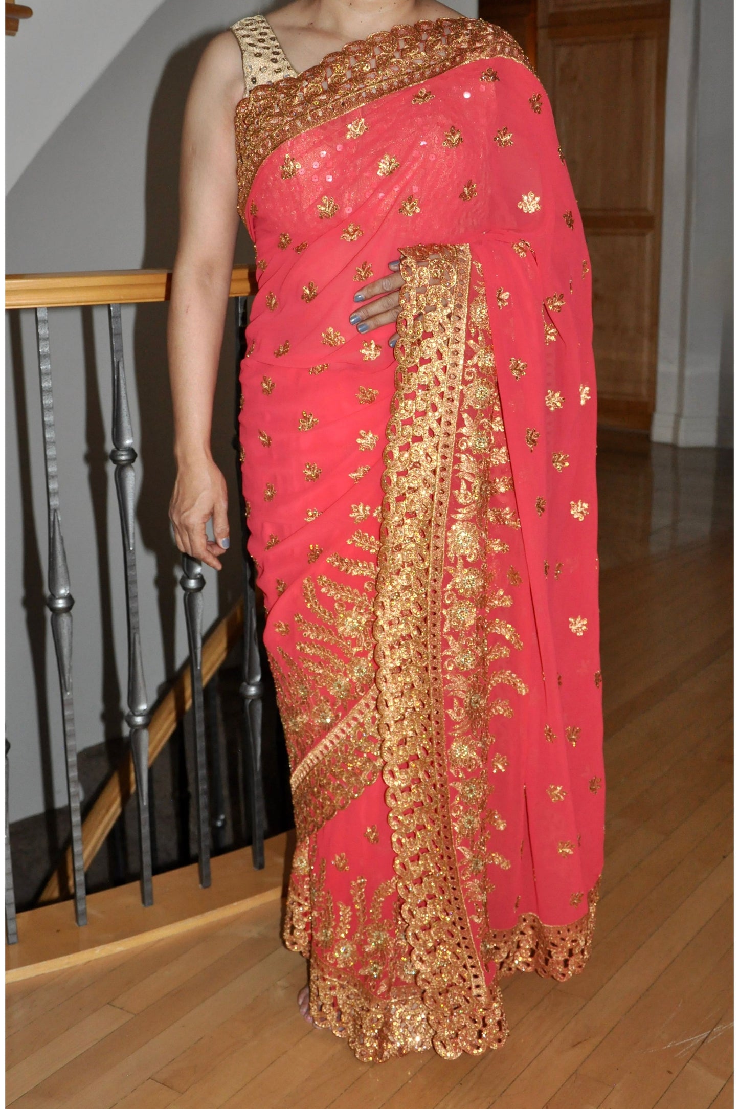 Trendy Pink Saree with Shiny Glitter Gold Border & Gold Prints
