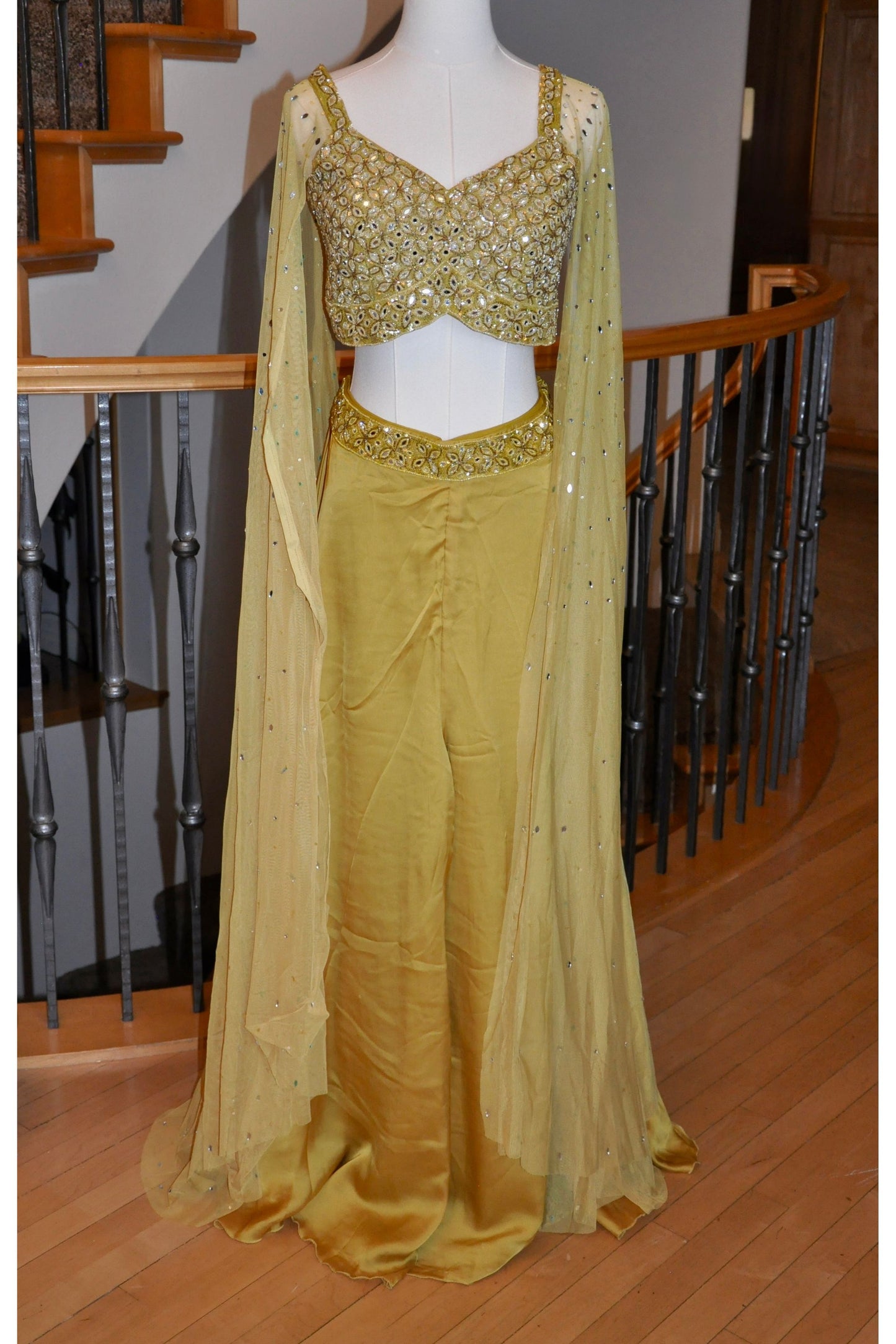 Lime Green Two-Piece Indo Western Co-Ord Set with Beaded Details & Rhinestone Embellishments