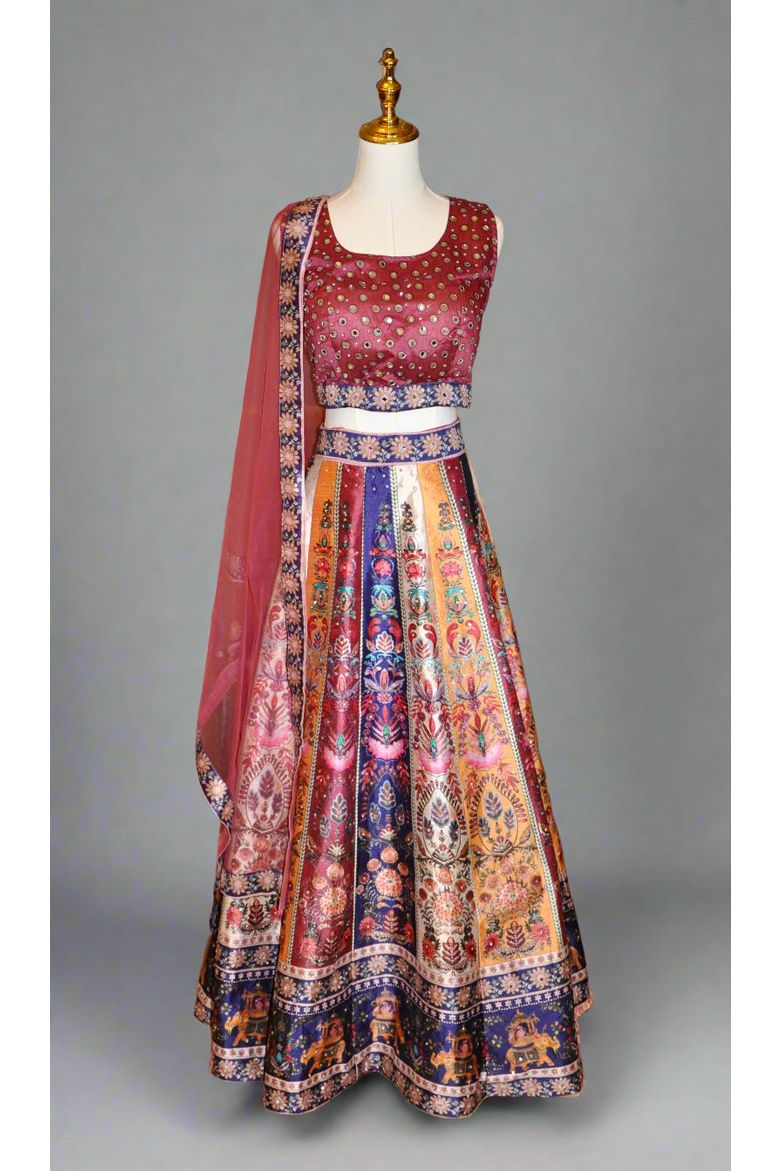 Trendy Pink Multicolor Floral Lehenga 3 Piece Set with Gold Detailing
