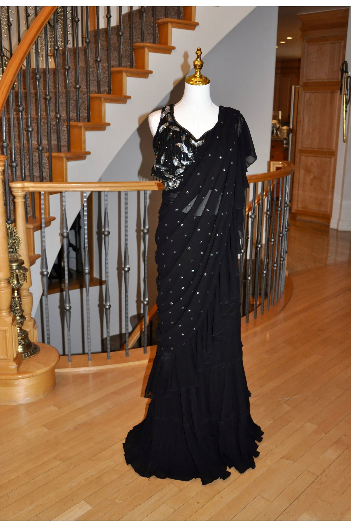 Black Pre-Draped Saree with Silver Embroidery & Beaded Blouse