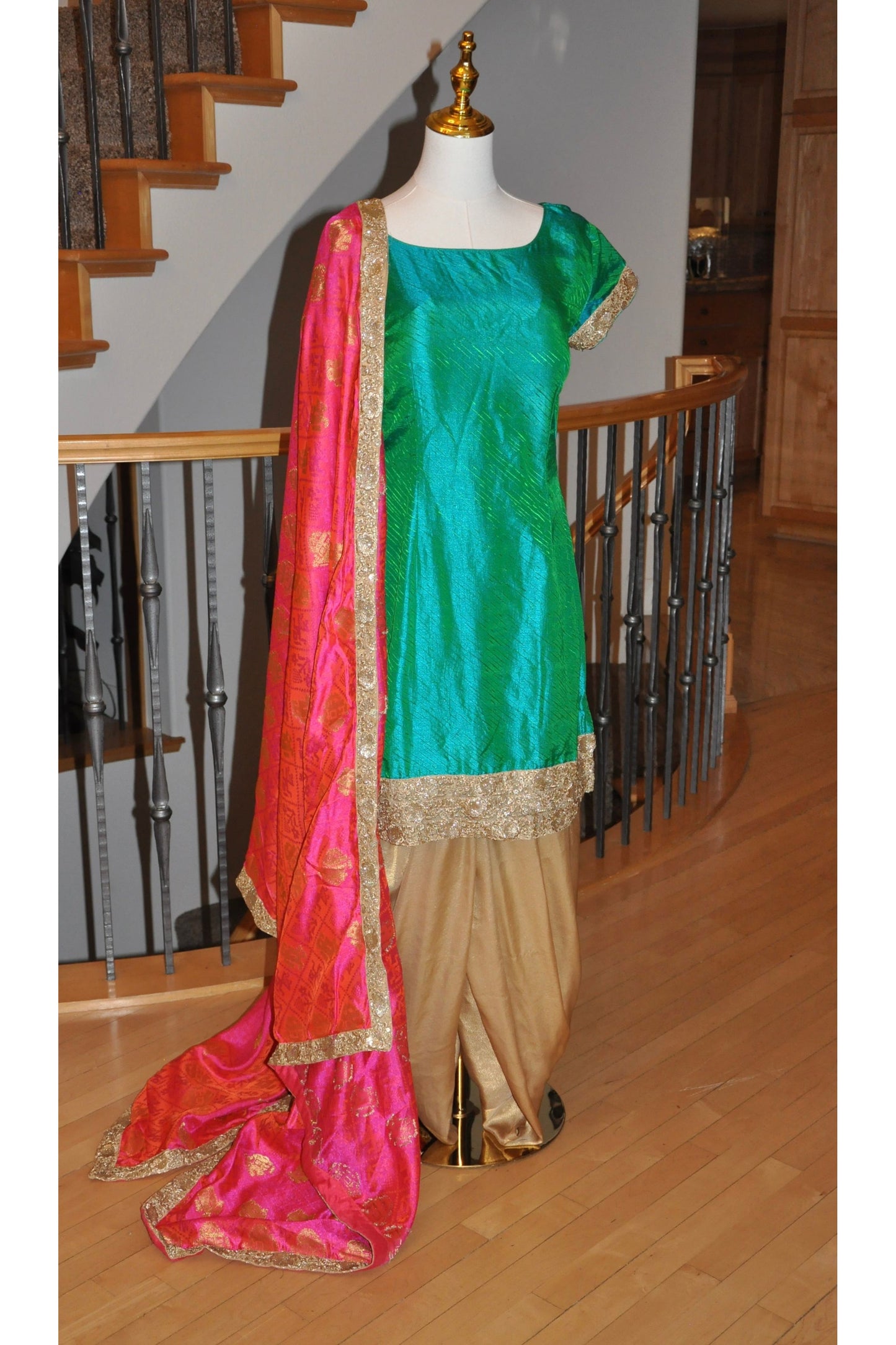 Bright Teal Kurta Set with Pink Shawl and Gold Pants