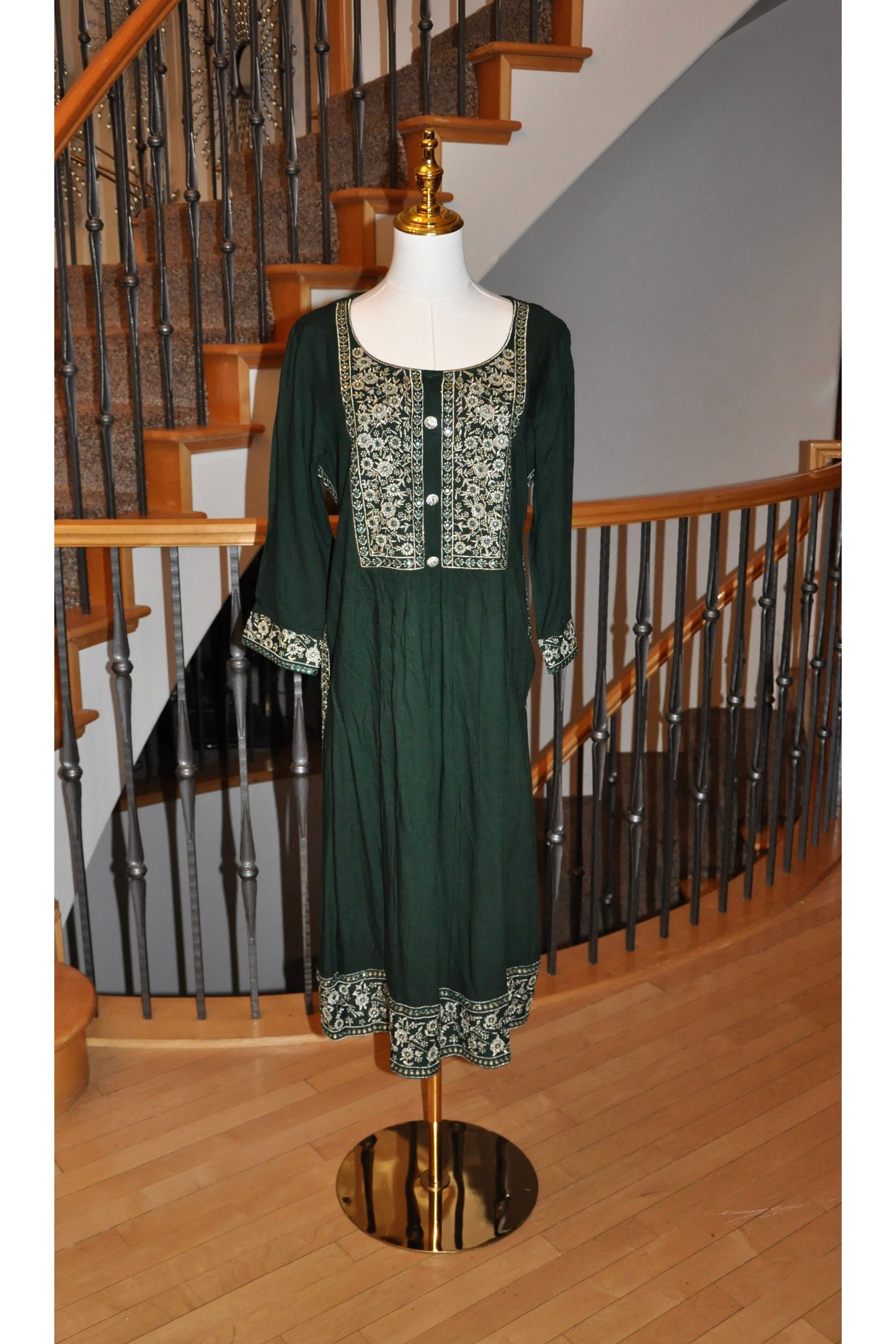 Green Kurti with Gold Floral Embroidery