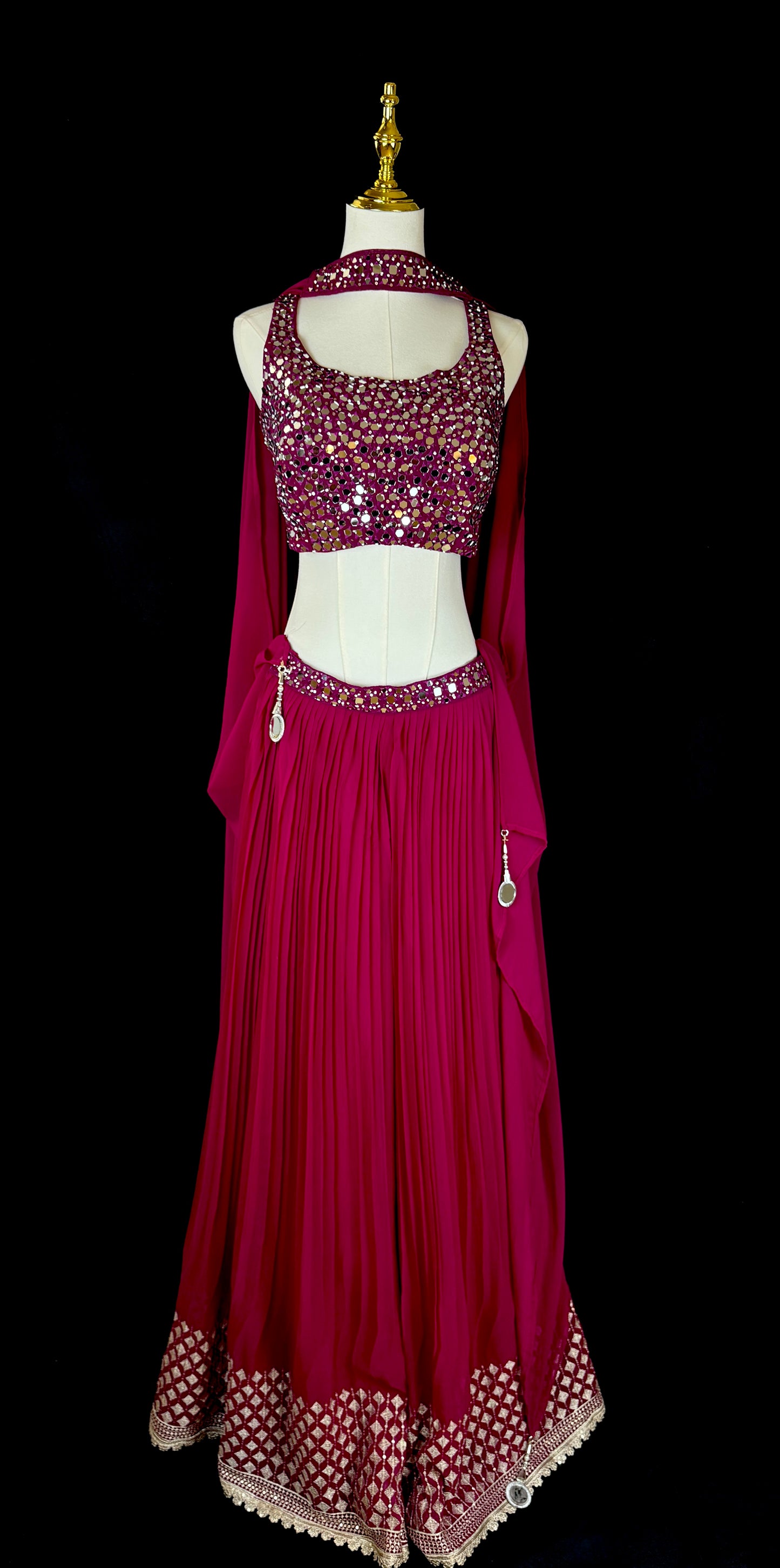 Indo Western Fuchsia Mirror Work Co-Ord Set with Flared Pants and Dupatta