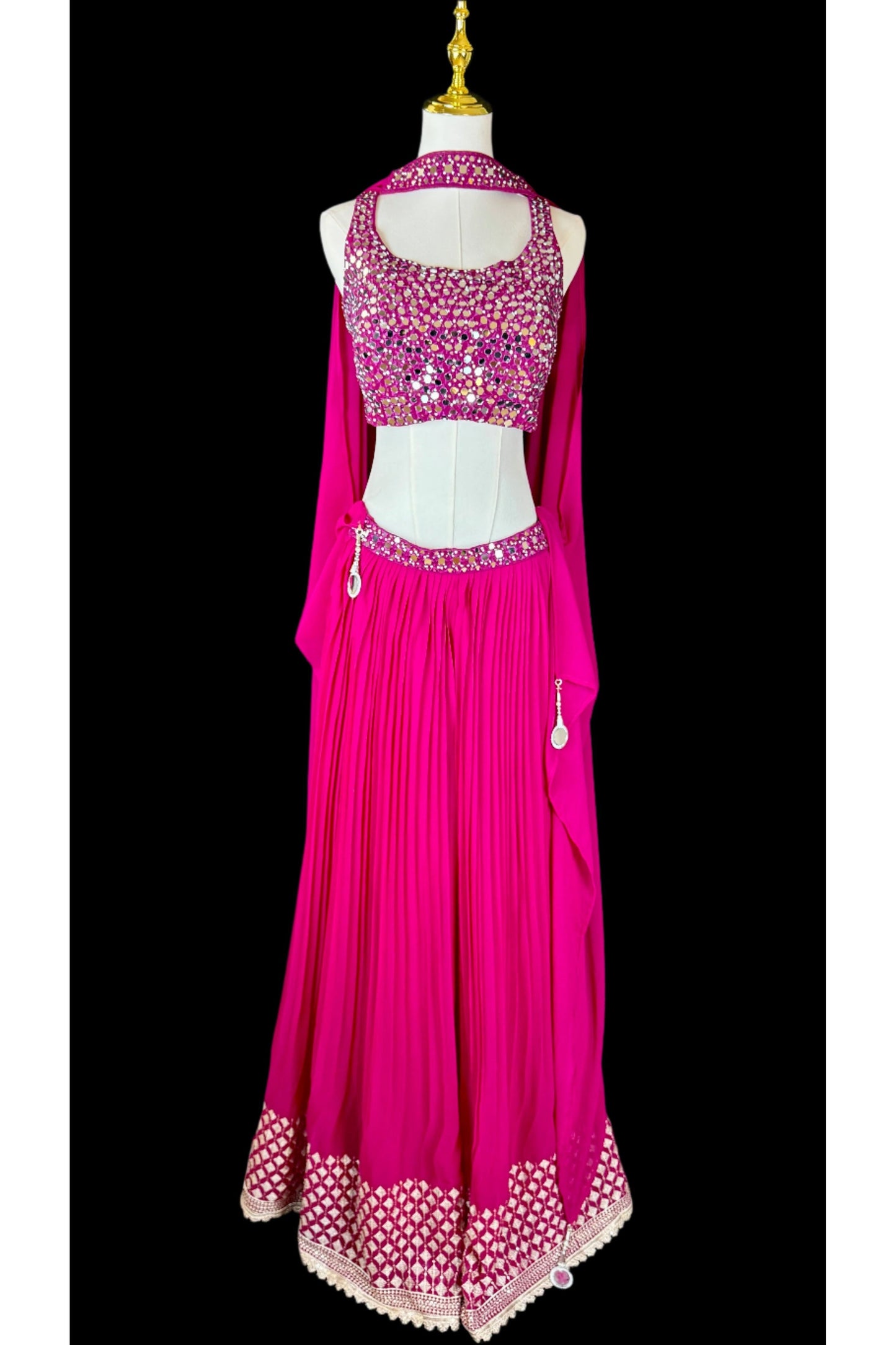 Indo Western Fuchsia Mirror Work Co-Ord Set with Flared Pants and Dupatta