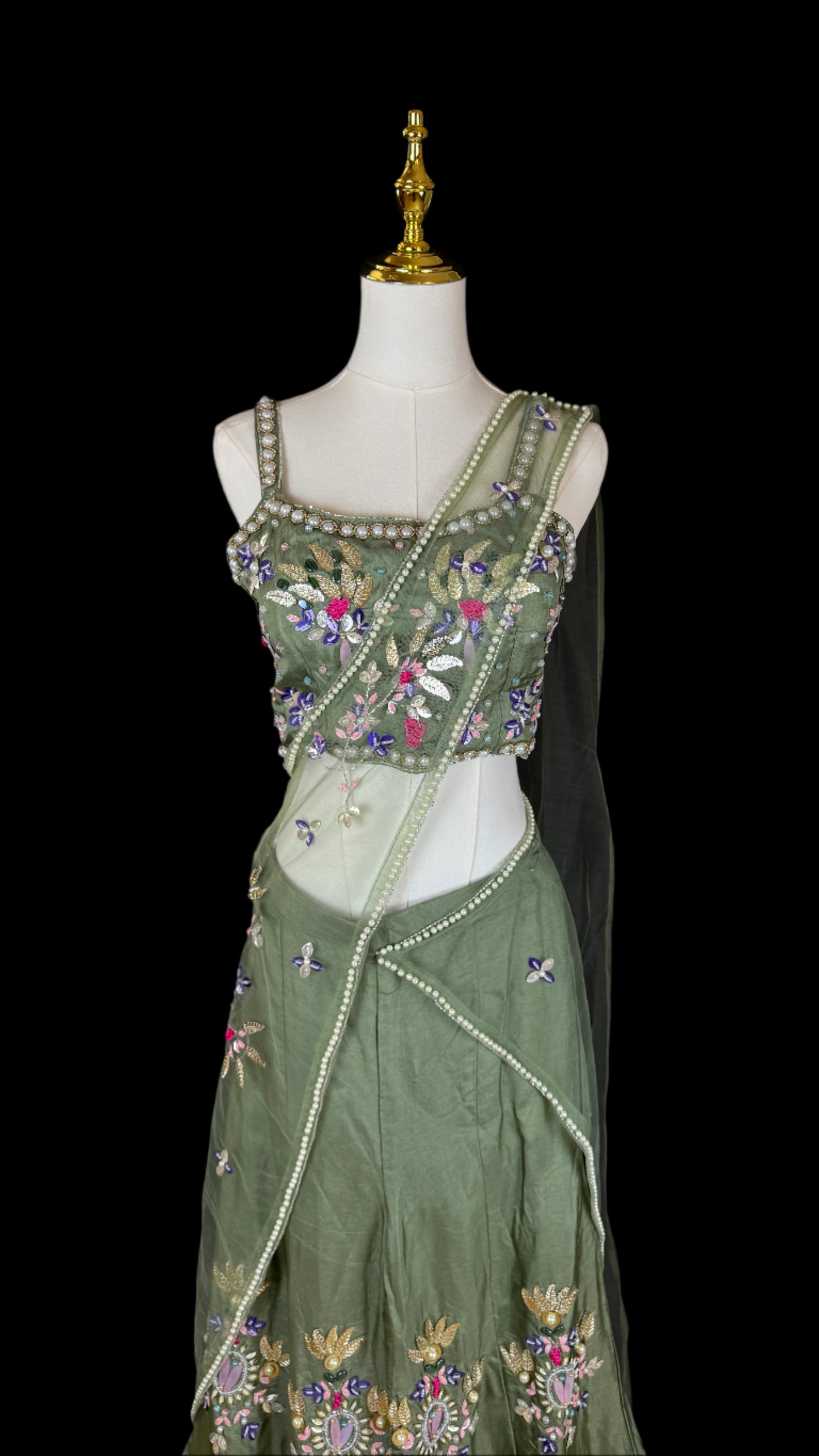 Indo Western Sage Green Embroidered Co-Ord Set with Attached Dupatta