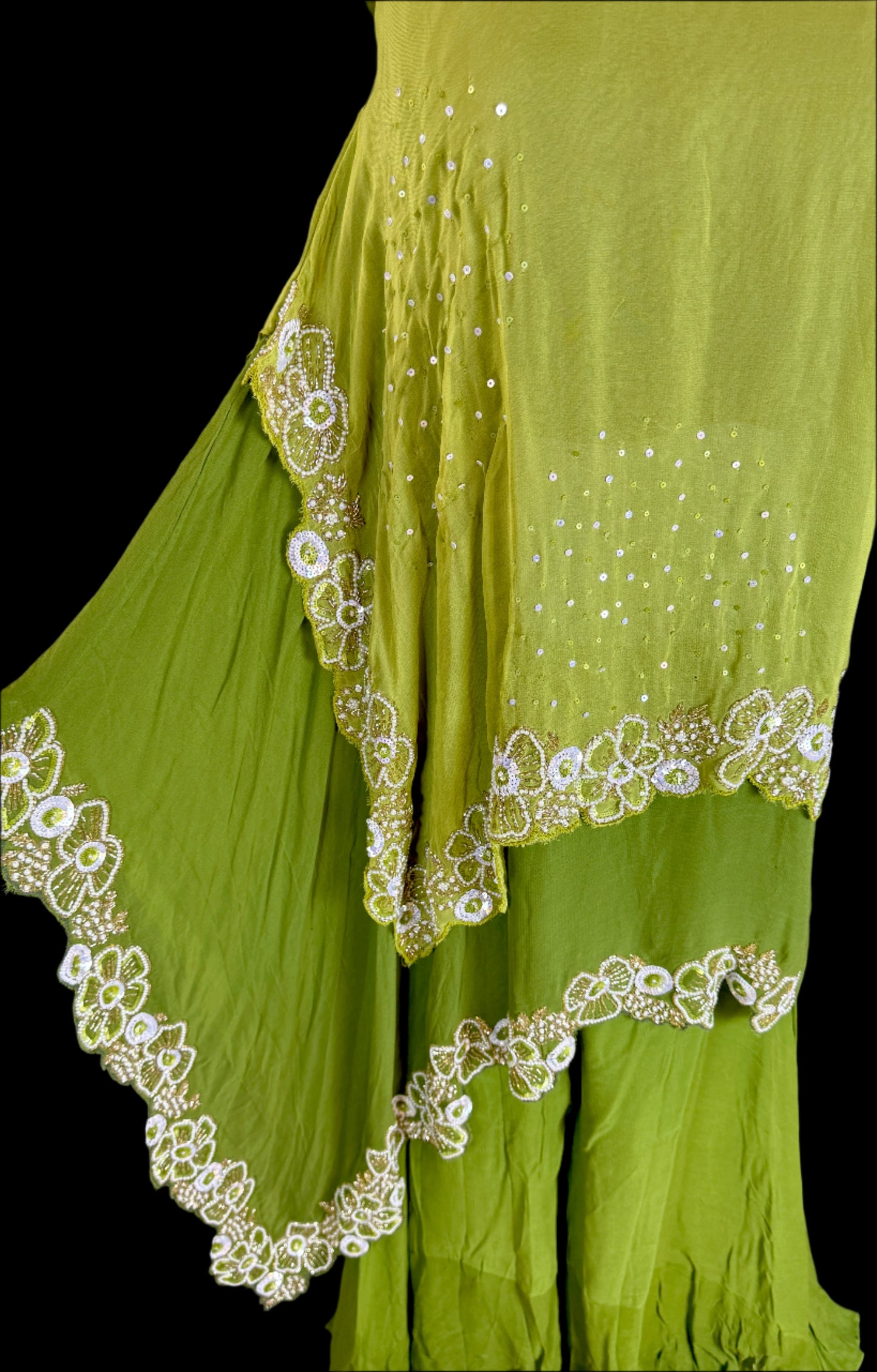 Indo Western Lime Green Embroidered Set with Layered Top and Flow Pants