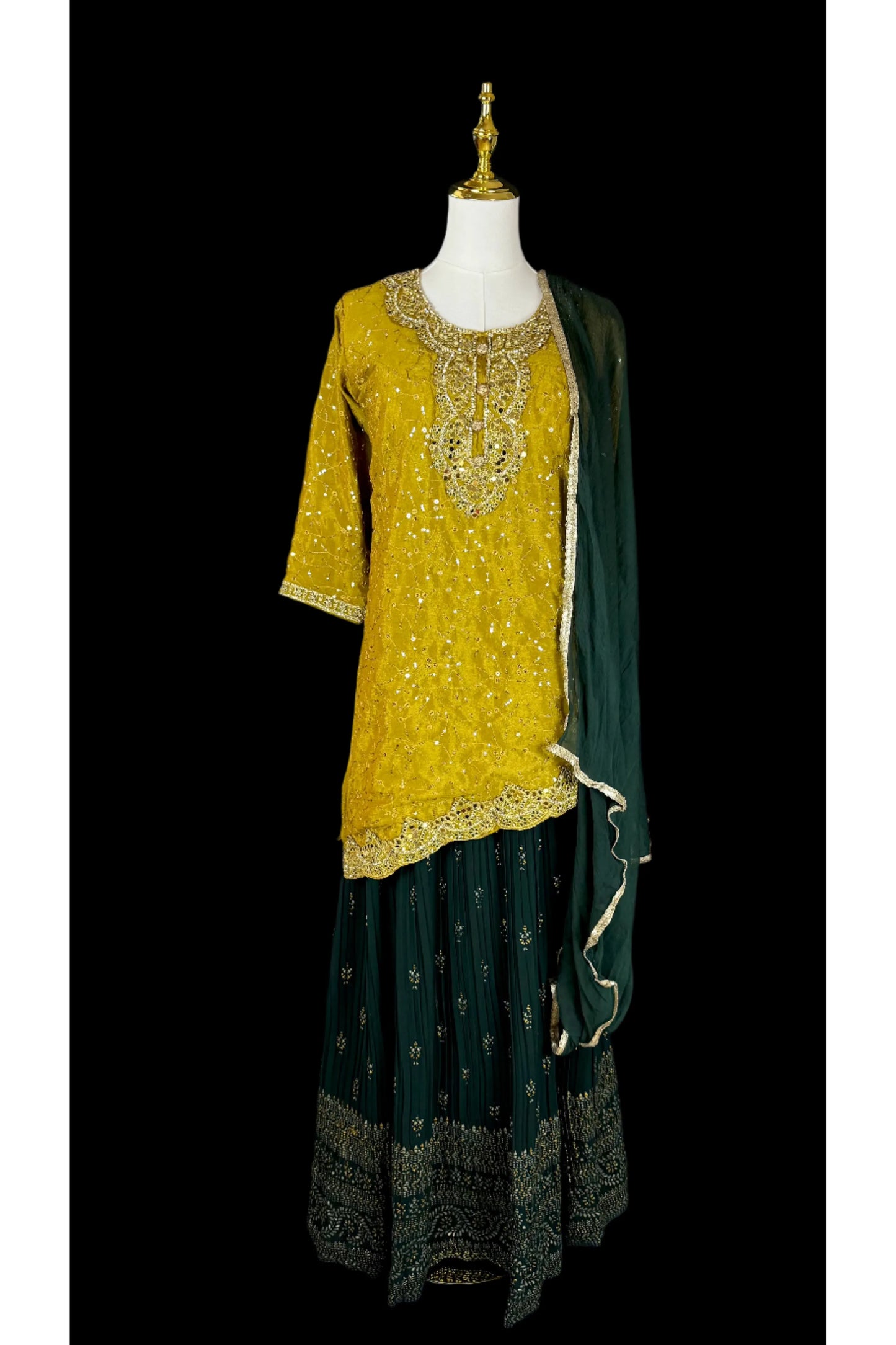 Mustard Yellow Asymmetrical Kurta with Flow Skirt Lehenga & Thin Shawl