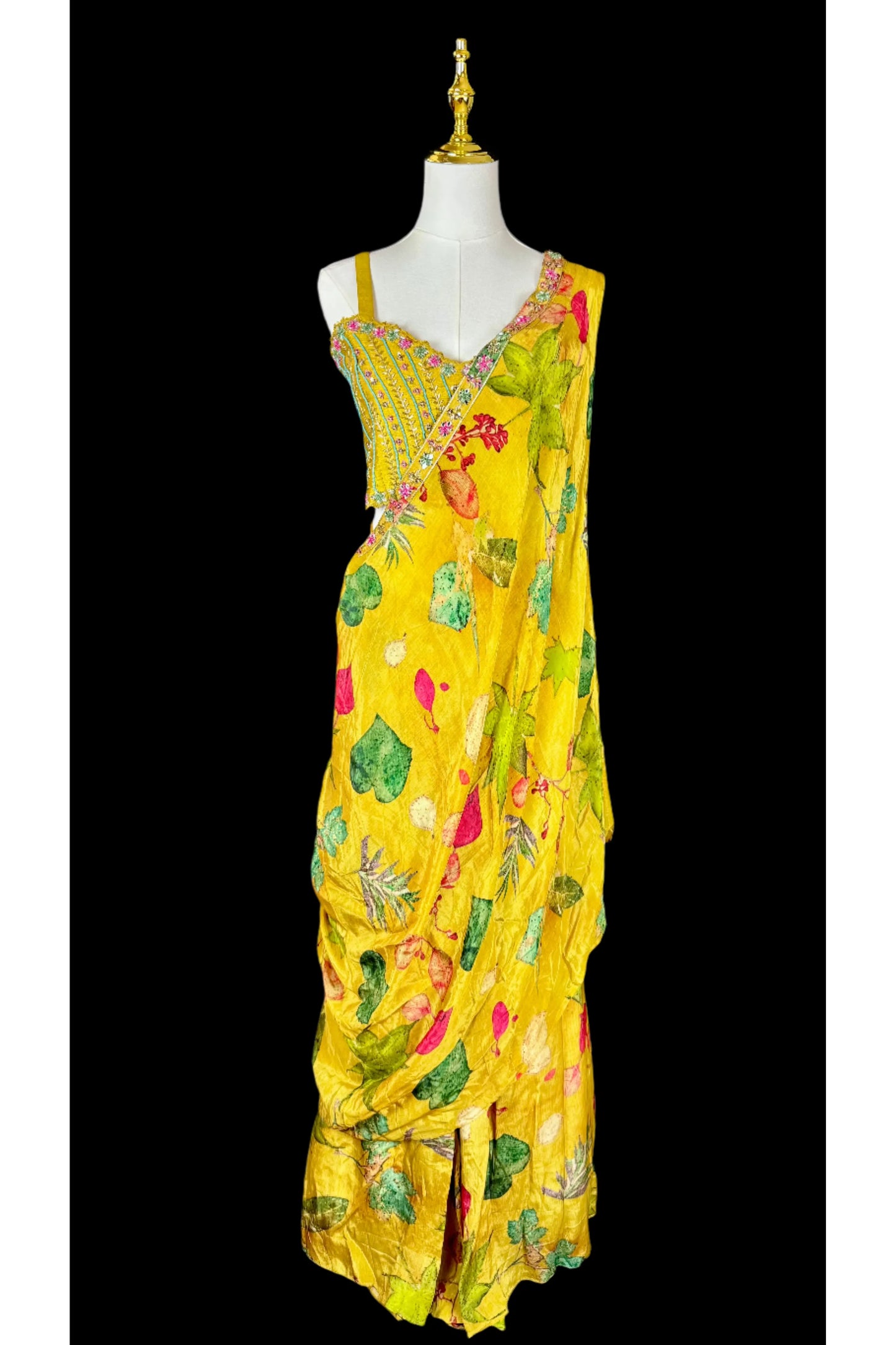 Indo Western Yellow Floral 3-Piece Set with Draped Saree-Inspired Top, Embellished Crop Top & Flow Pants