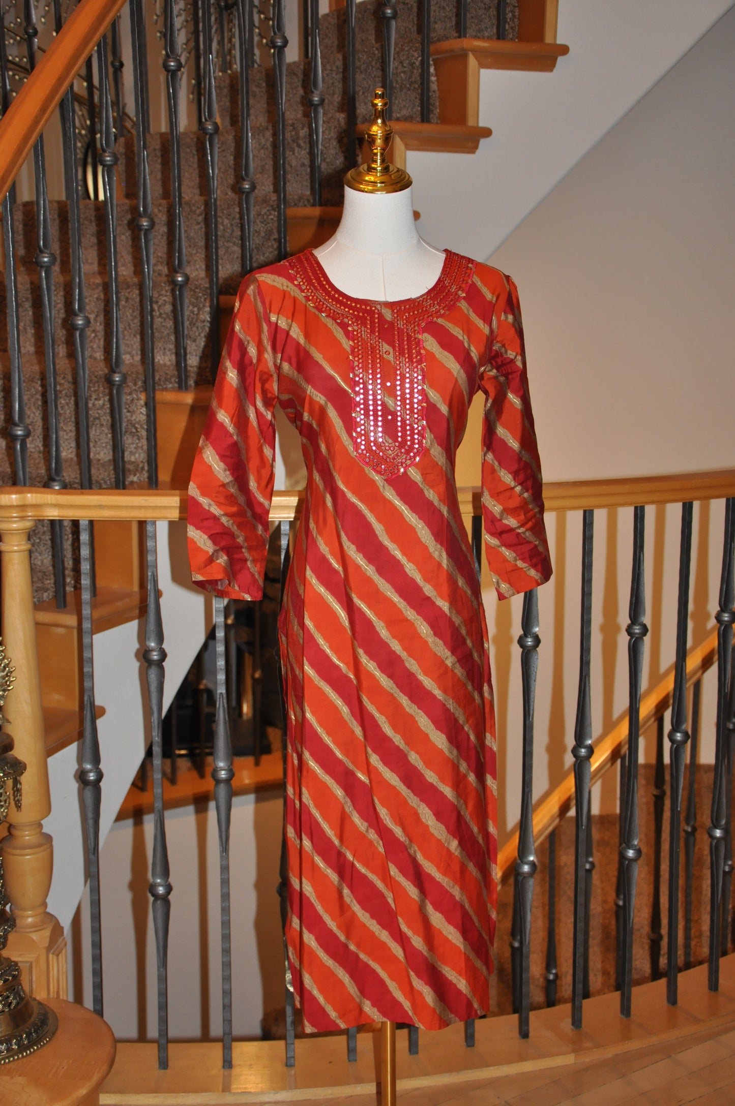 Trendy Red & Orange Stripe Kurti with Mirror Embellishments