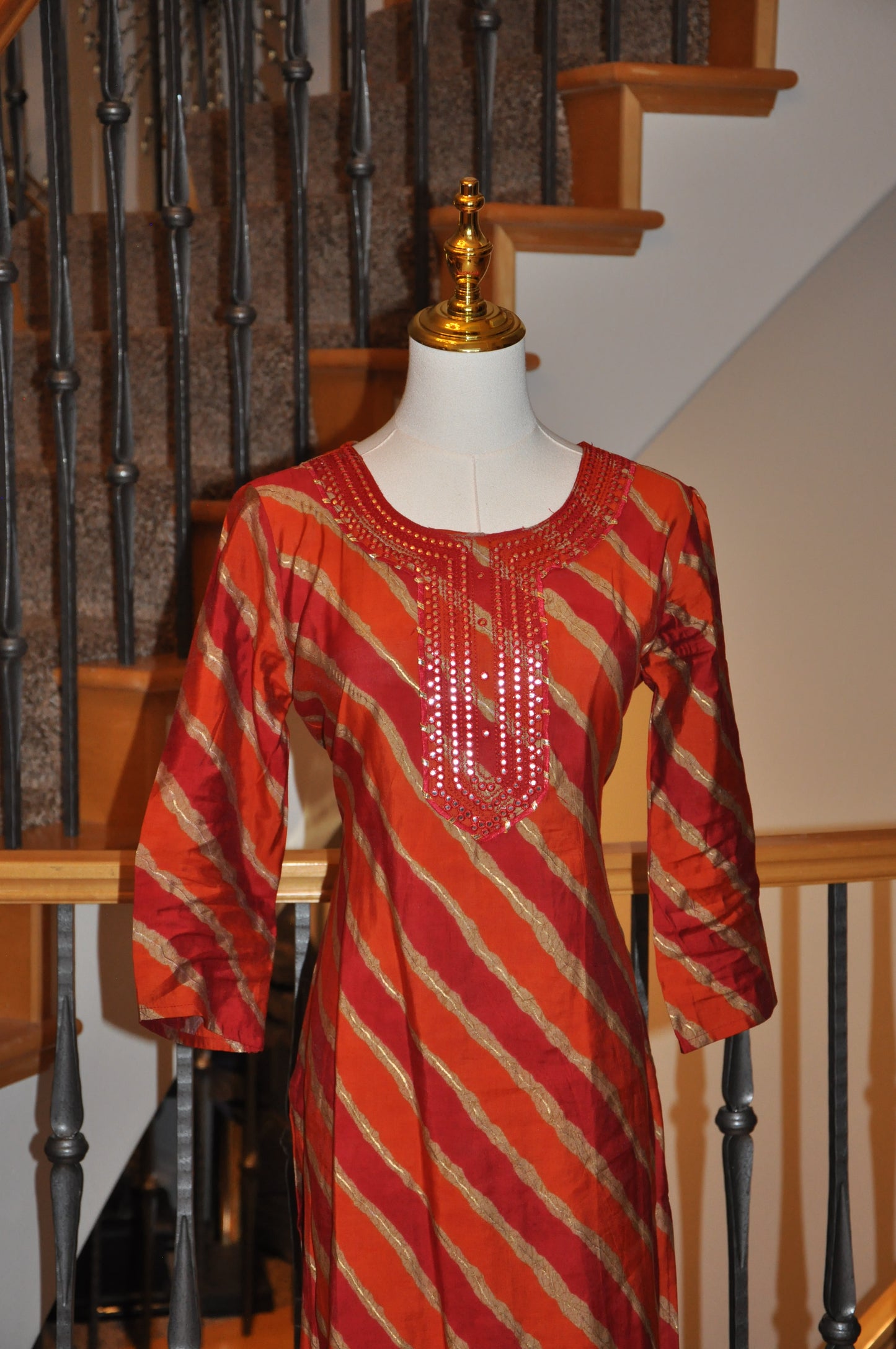 Trendy Red & Orange Stripe Kurti with Mirror Embellishments